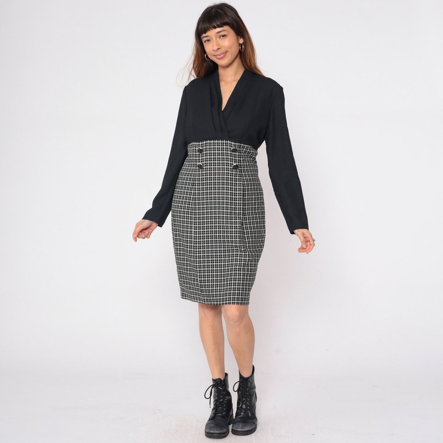 90s Black White Checkered Sheath Dress Surplice Neckline Long Sleeve Medium