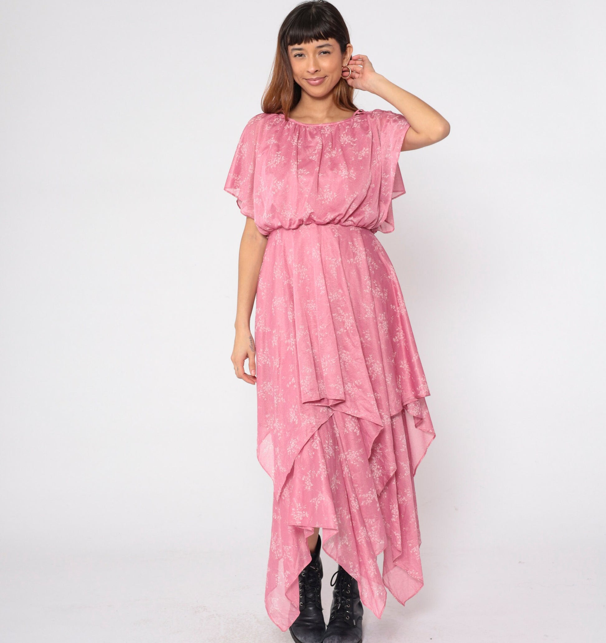 70s Pink Floral Handkerchief Hem Midi Dress Split Sleeve Grecian Small