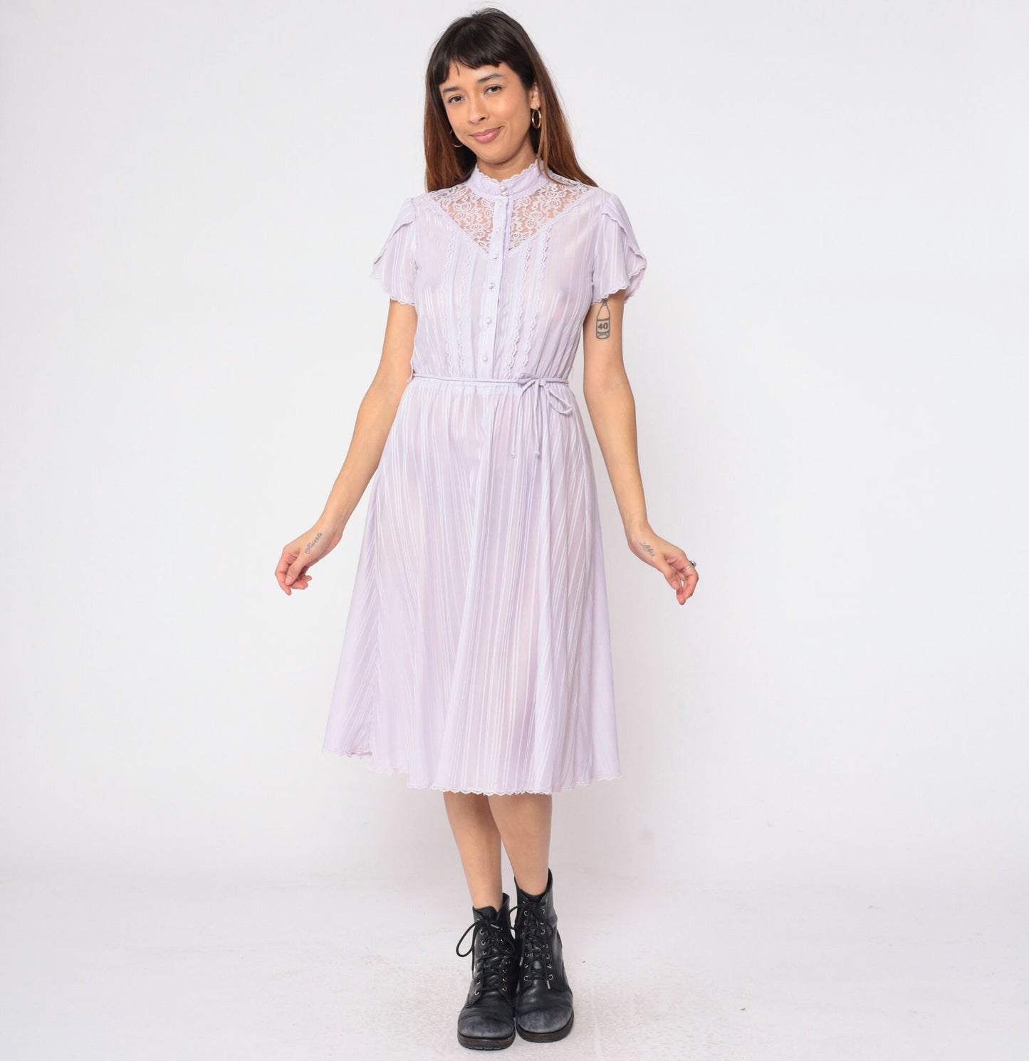 70s Lavender Striped Prairie Dress Lace Yoke Button-Up Tulip Sleeve Small