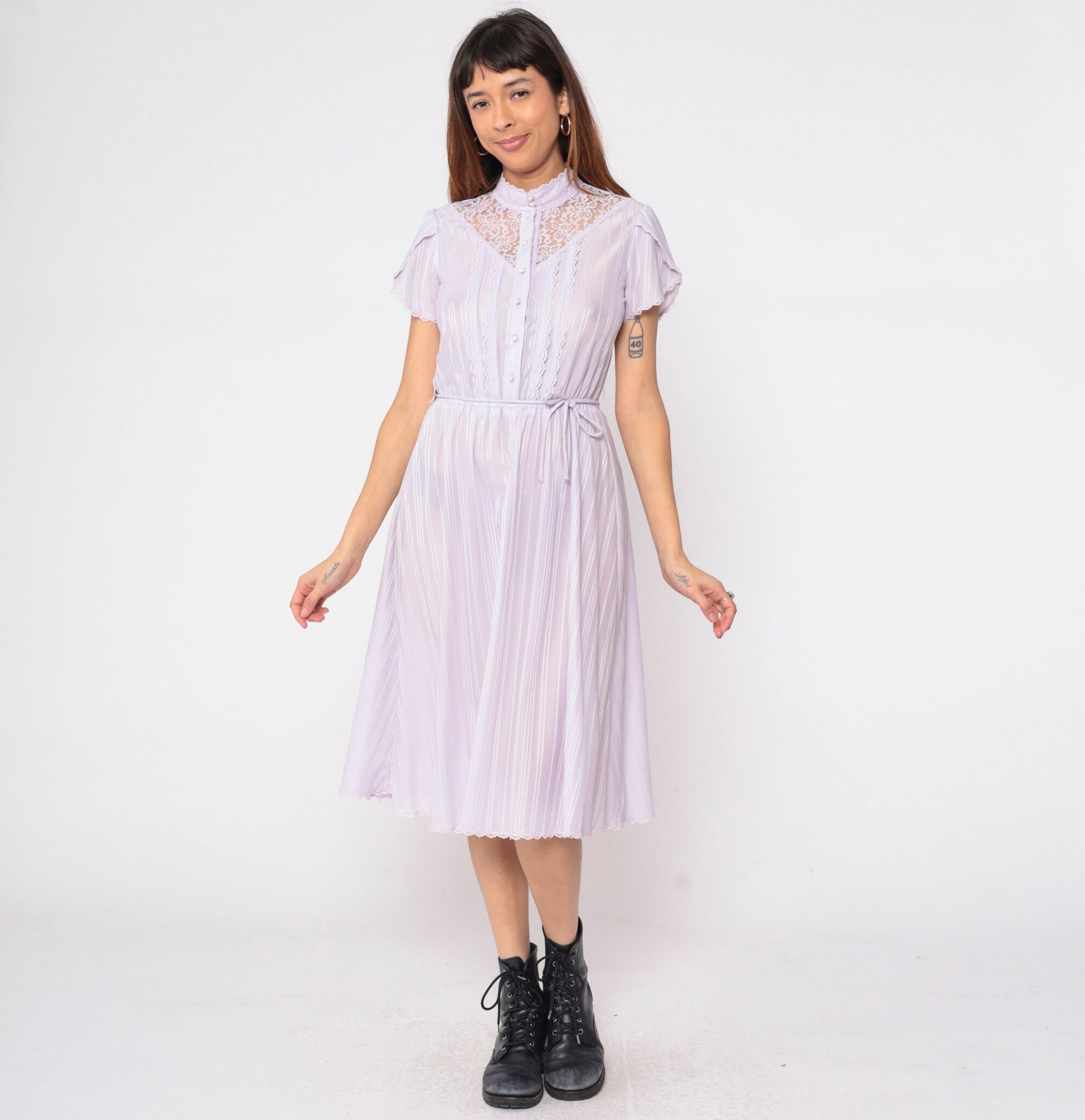 70s Lavender Striped Prairie Dress Lace Yoke Button-Up Tulip Sleeve Small