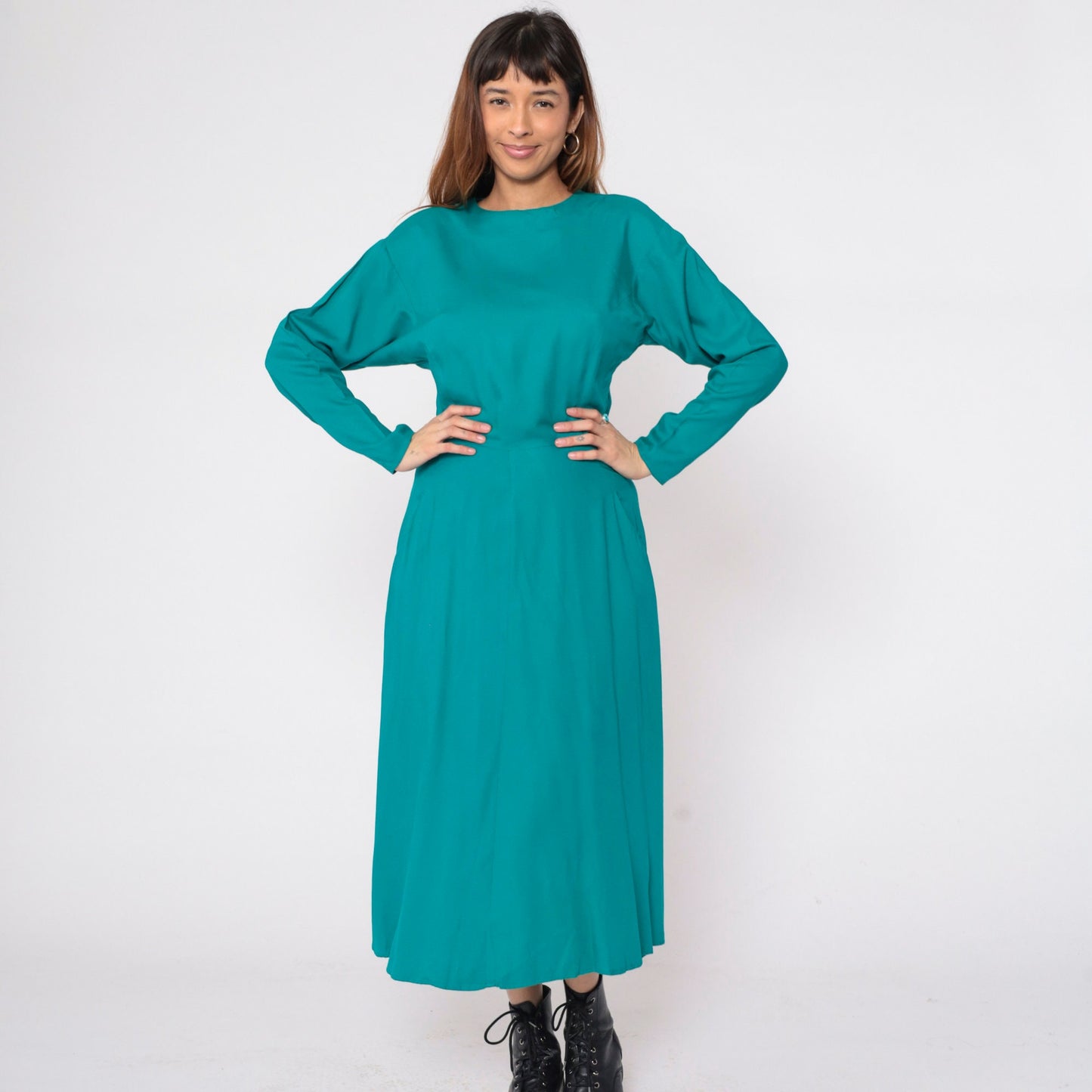 90s Teal Green Rayon Dress Button Back Batwing Sleeve Ankle Length Small