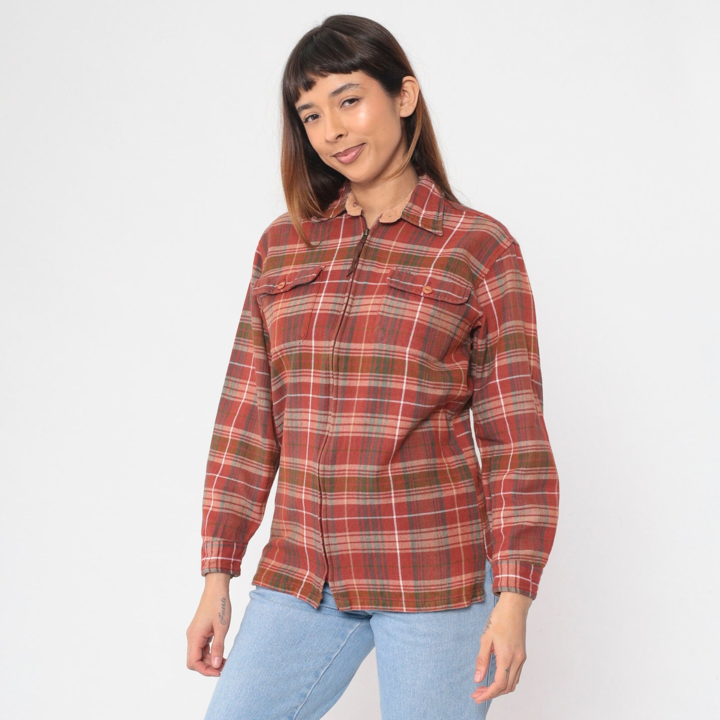 Y2K Plaid Flannel Zip Jacket Red Checkered Cotton Shacket Small