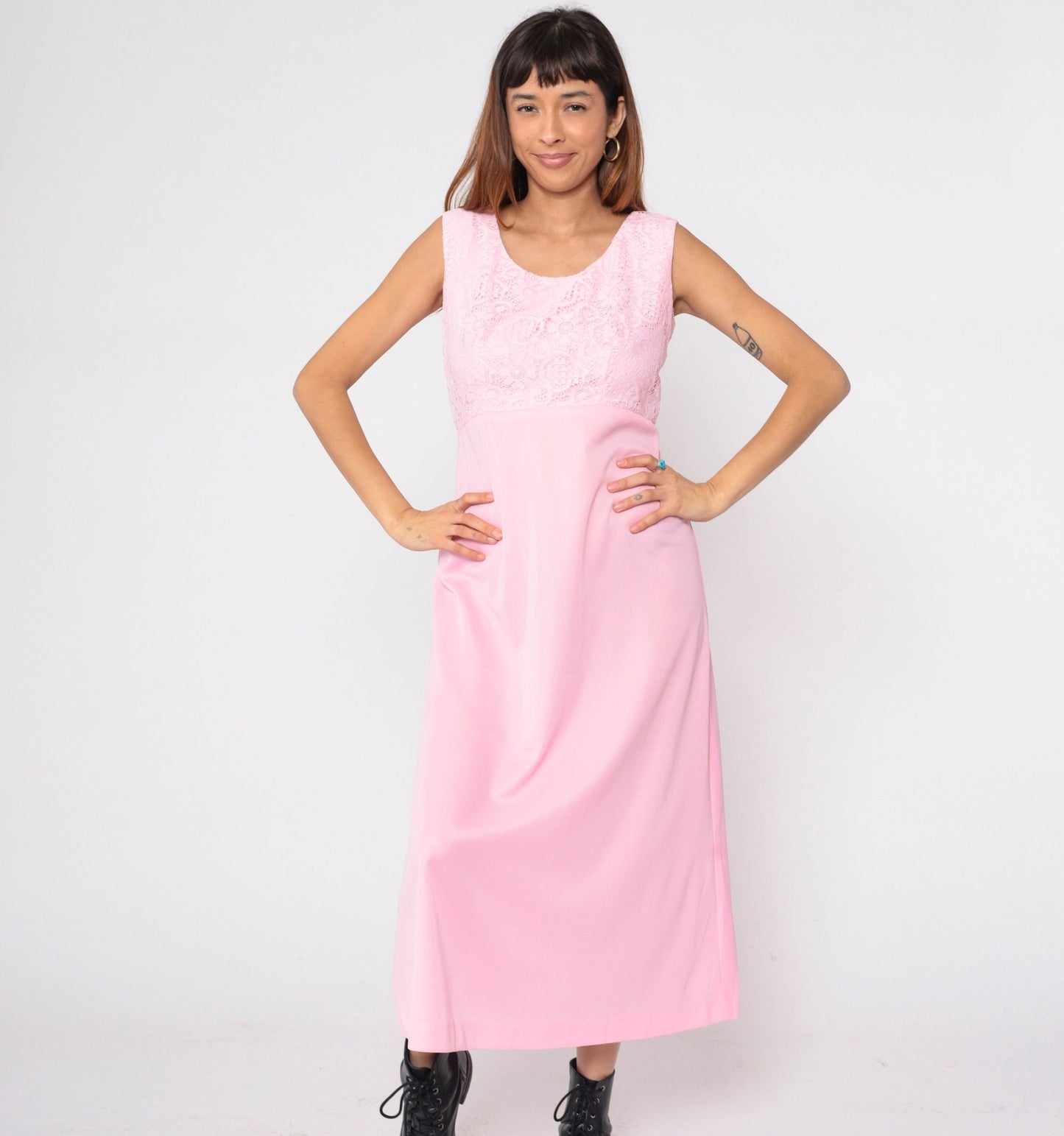 70s Pink Lace Maxi Dress High Waist Scoop Neck Sleeveless Medium