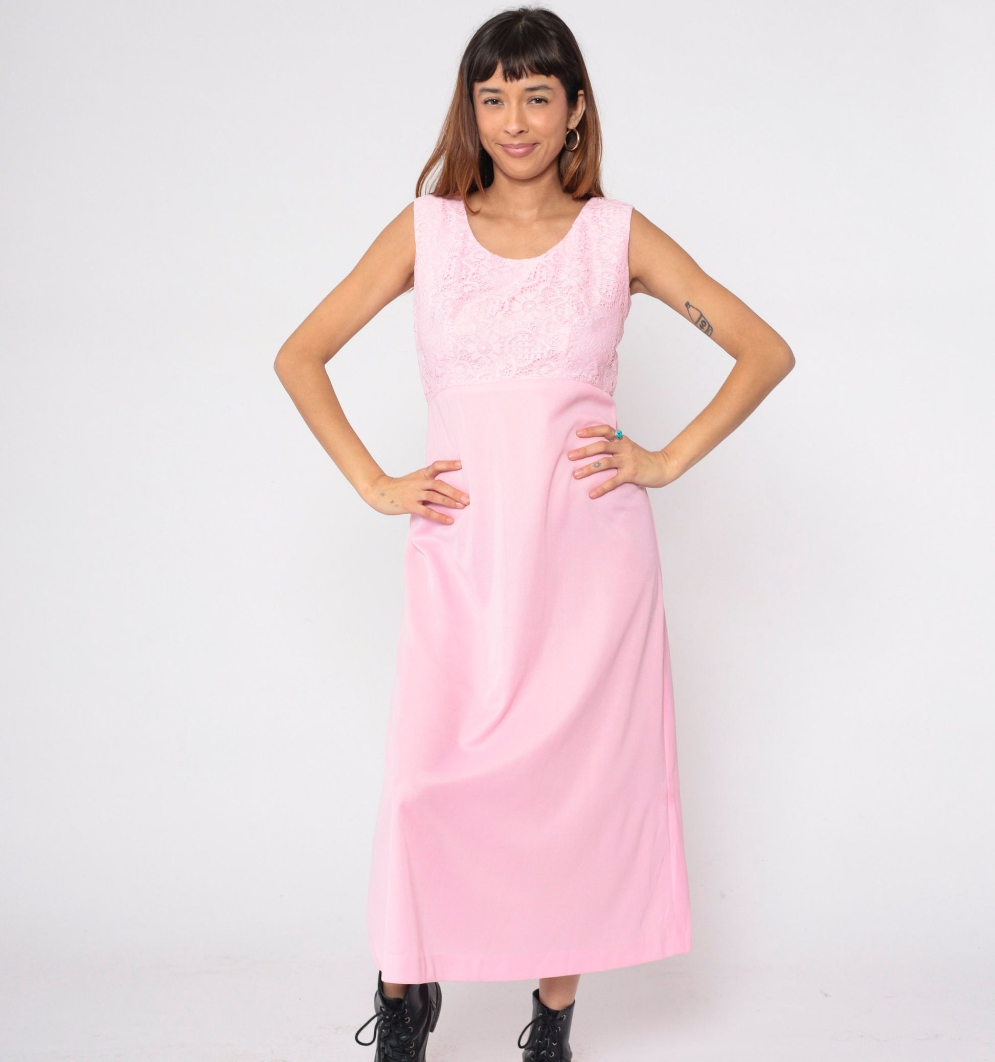 70s Pink Lace Maxi Dress High Waist Scoop Neck Sleeveless Medium