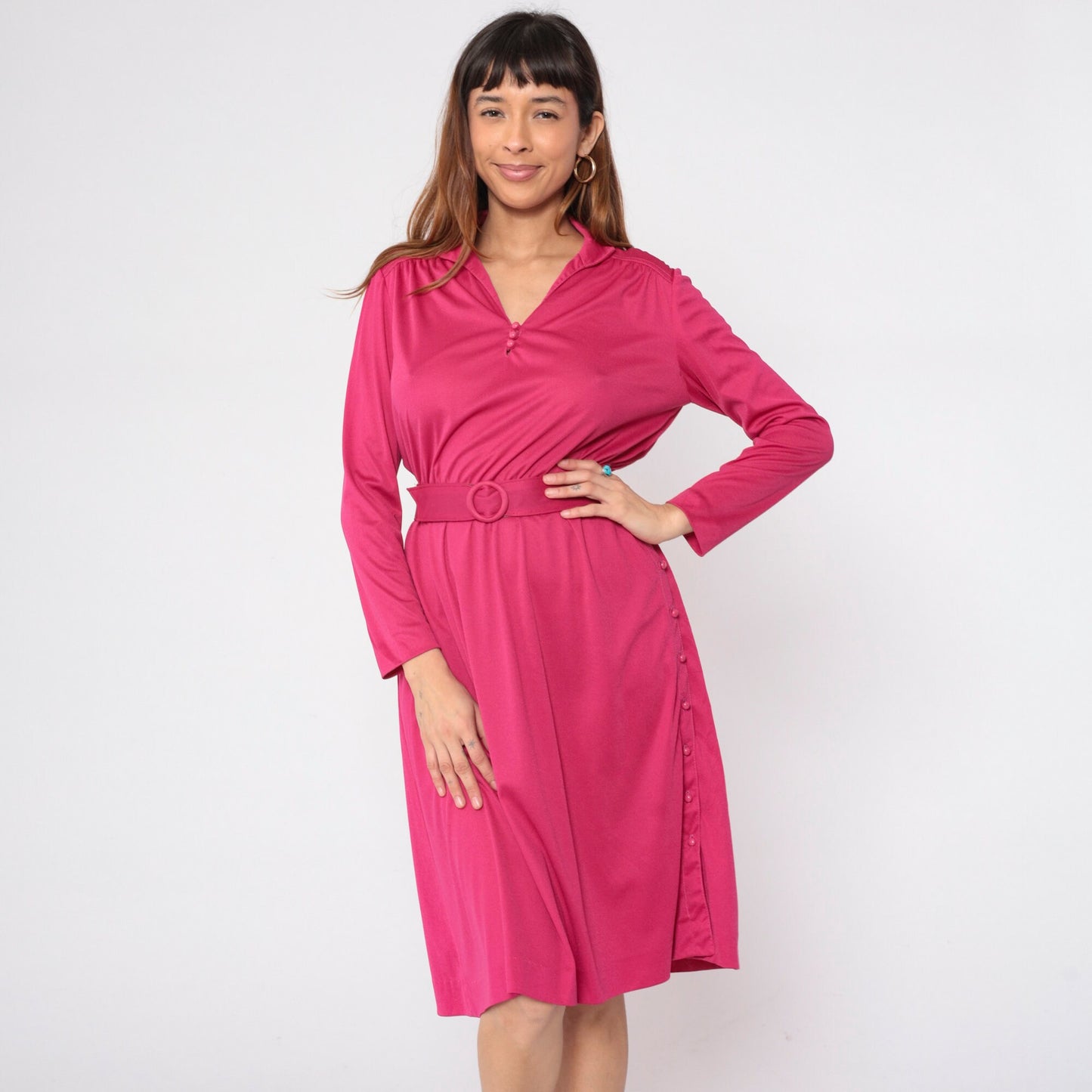 70s Leslie Faye Midi Dress Pink Blouson Long Sleeve Belted Small