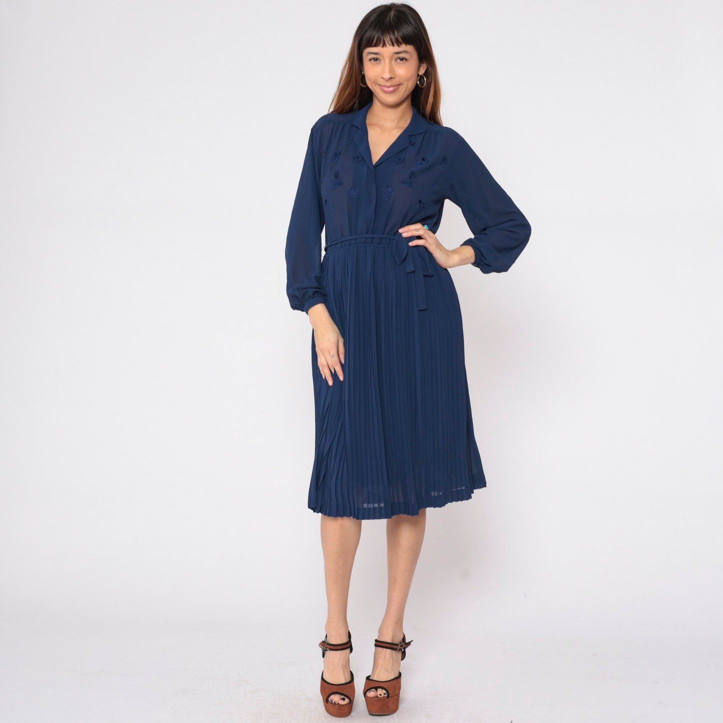70s Navy Floral Sheer Dress High Waist Pleated Midi Long Sleeve Small