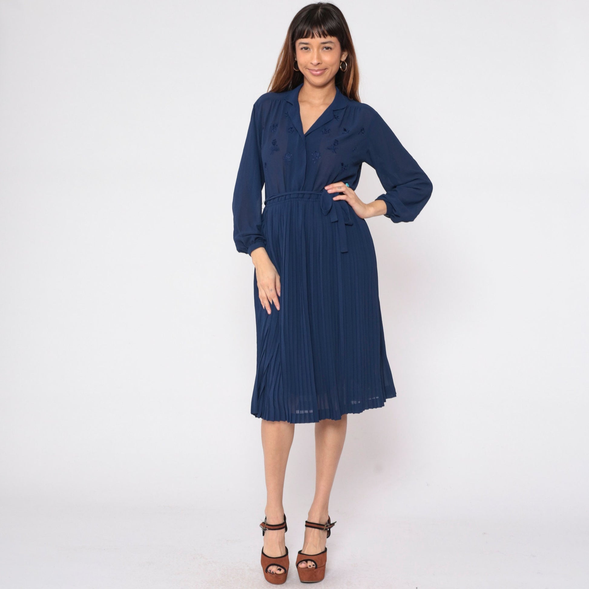 70s Navy Floral Sheer Dress High Waist Pleated Midi Long Sleeve Small