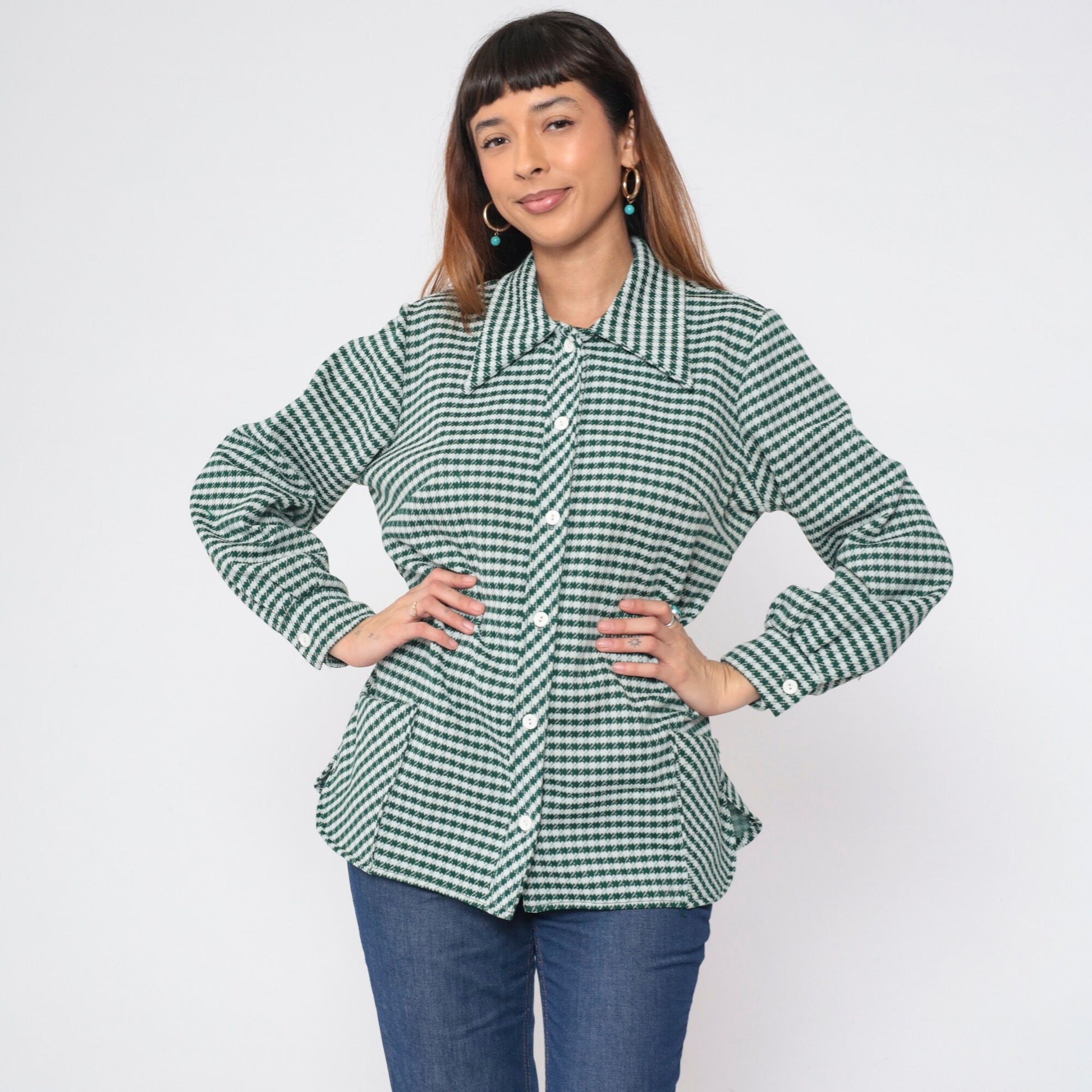 70s Green White Checkered Button-Up Blouse Long Sleeve Collared Shirt Extra Large