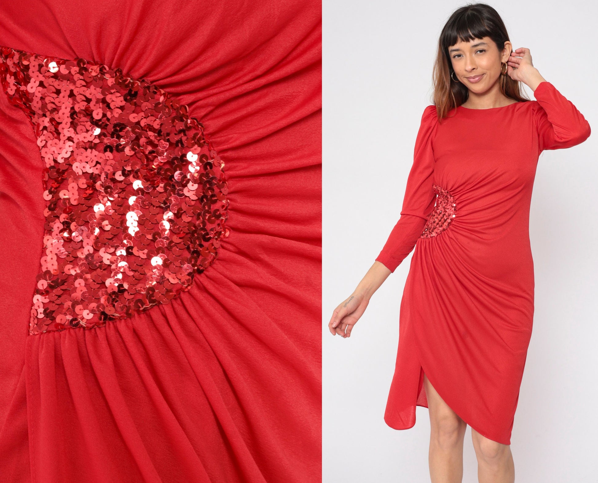 80s Red Sequin Draped Midi Dress Puff Sleeve Grecian Disco Small
