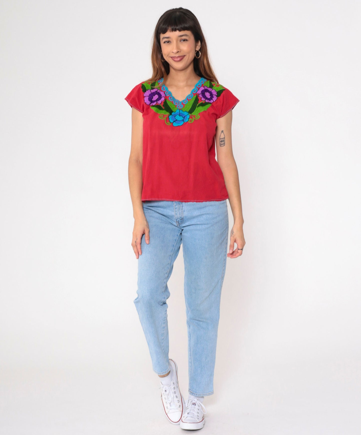 90s Mexican Embroidered Floral Blouse Red V-Neck Short Sleeve Small Medium