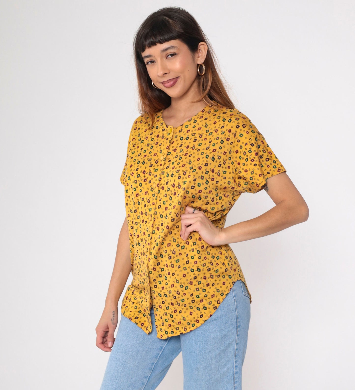 90s Yellow Geometric Diamond Print Button-Up Blouse Short Sleeve Medium
