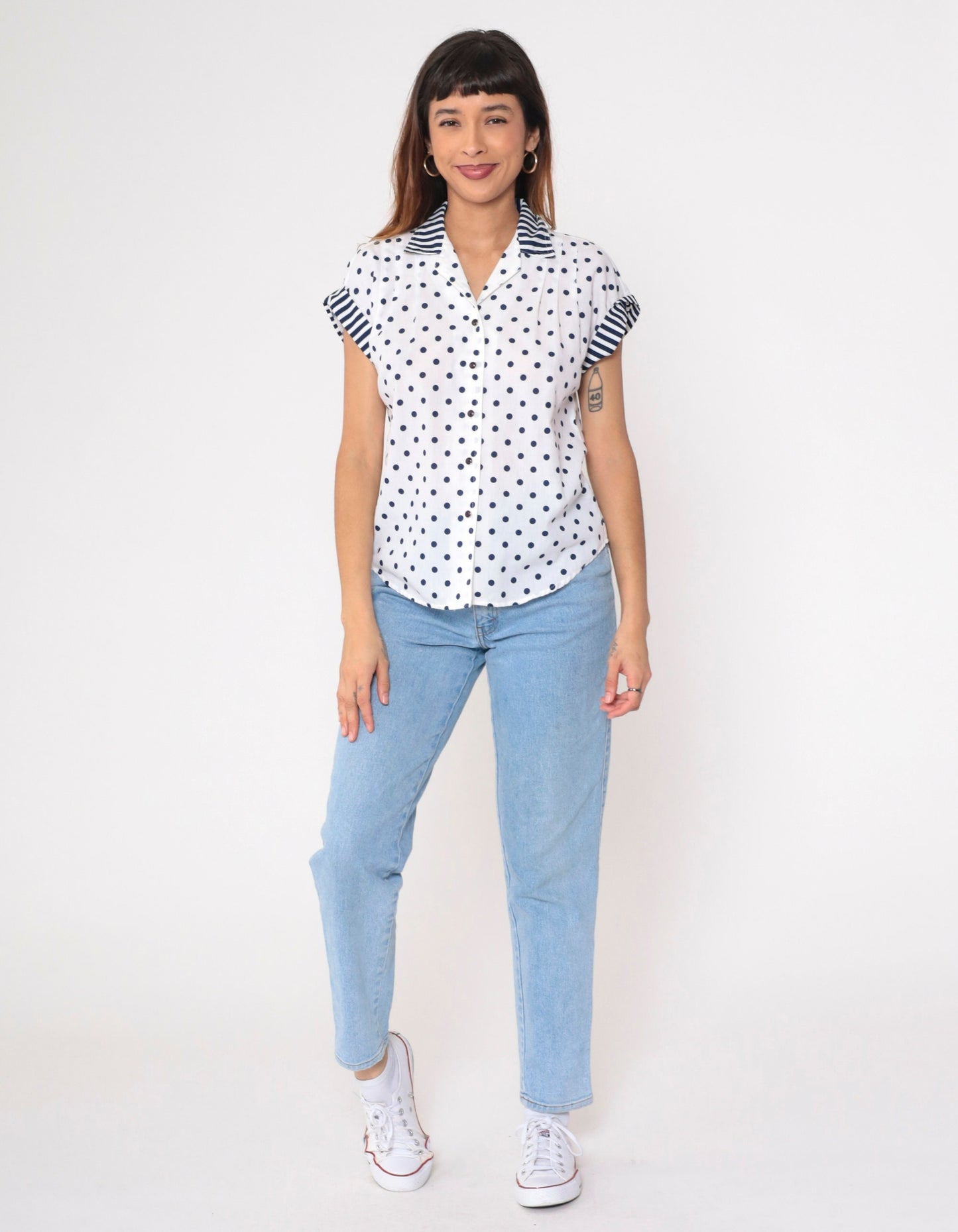 80s White Navy Polka Dot Button-Up Blouse Striped Collar Cap Sleeve Medium