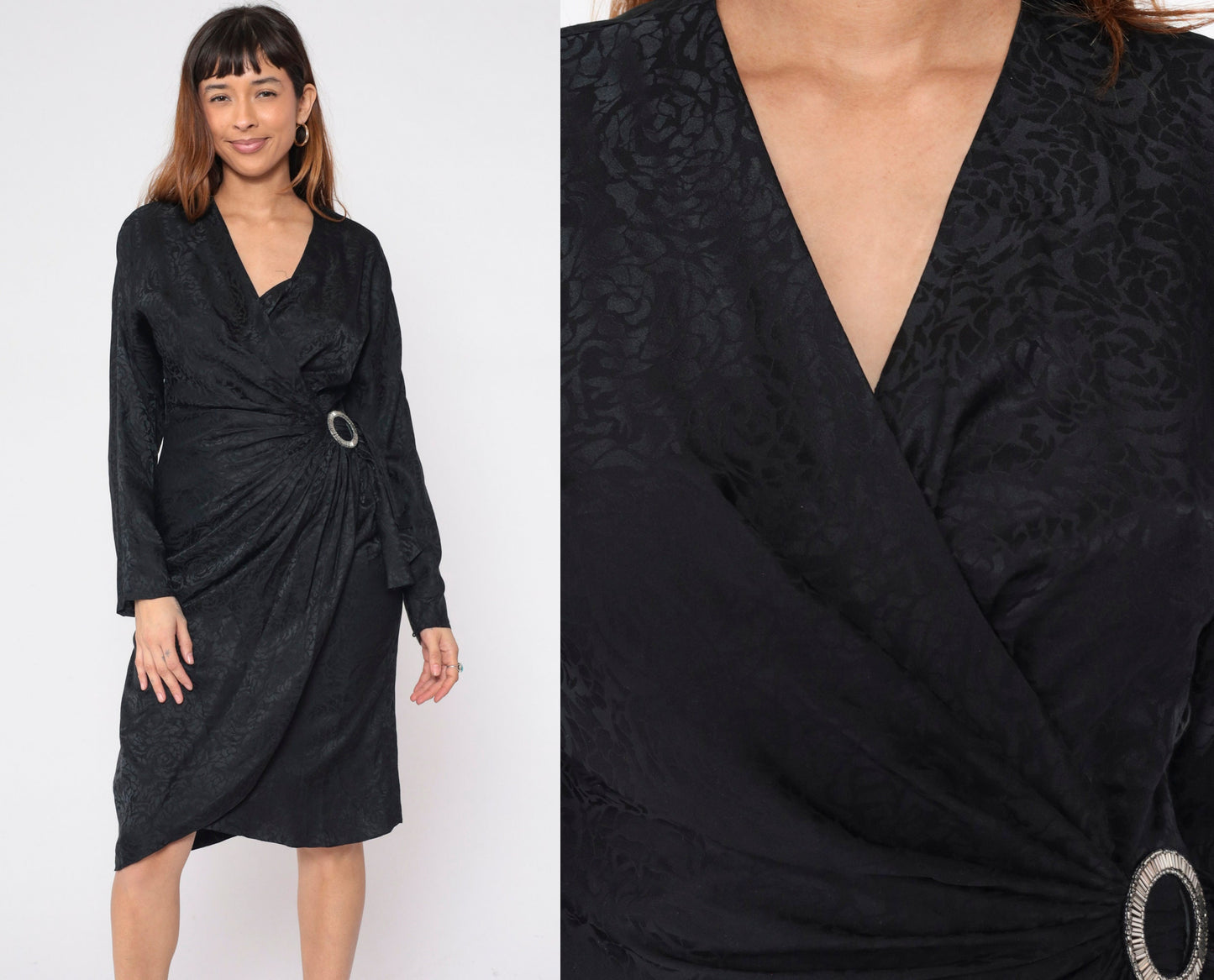 80s Argenti Black Silk Floral Jacquard Wrap Dress Midi Dolman Sleeve Medium 8