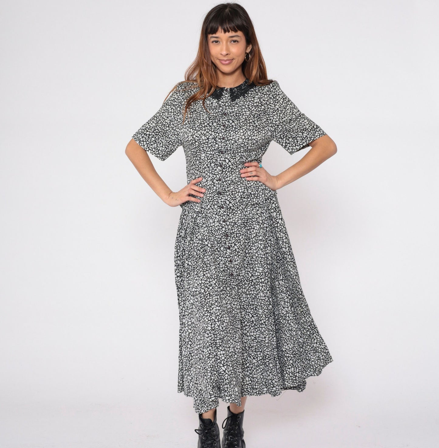 80s Diane Von Furstenberg Mosaic Print Midi Dress Black White Lace Collar Small 6