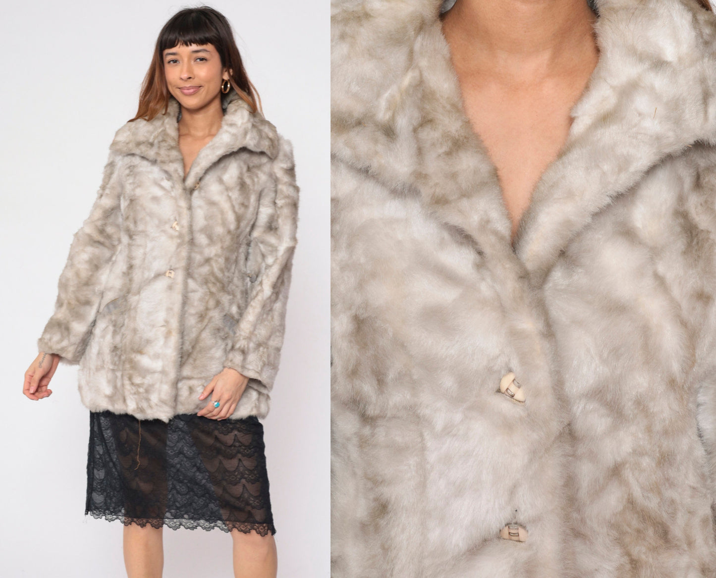 70s Sears Grey Faux Fur Coat Button Front Small