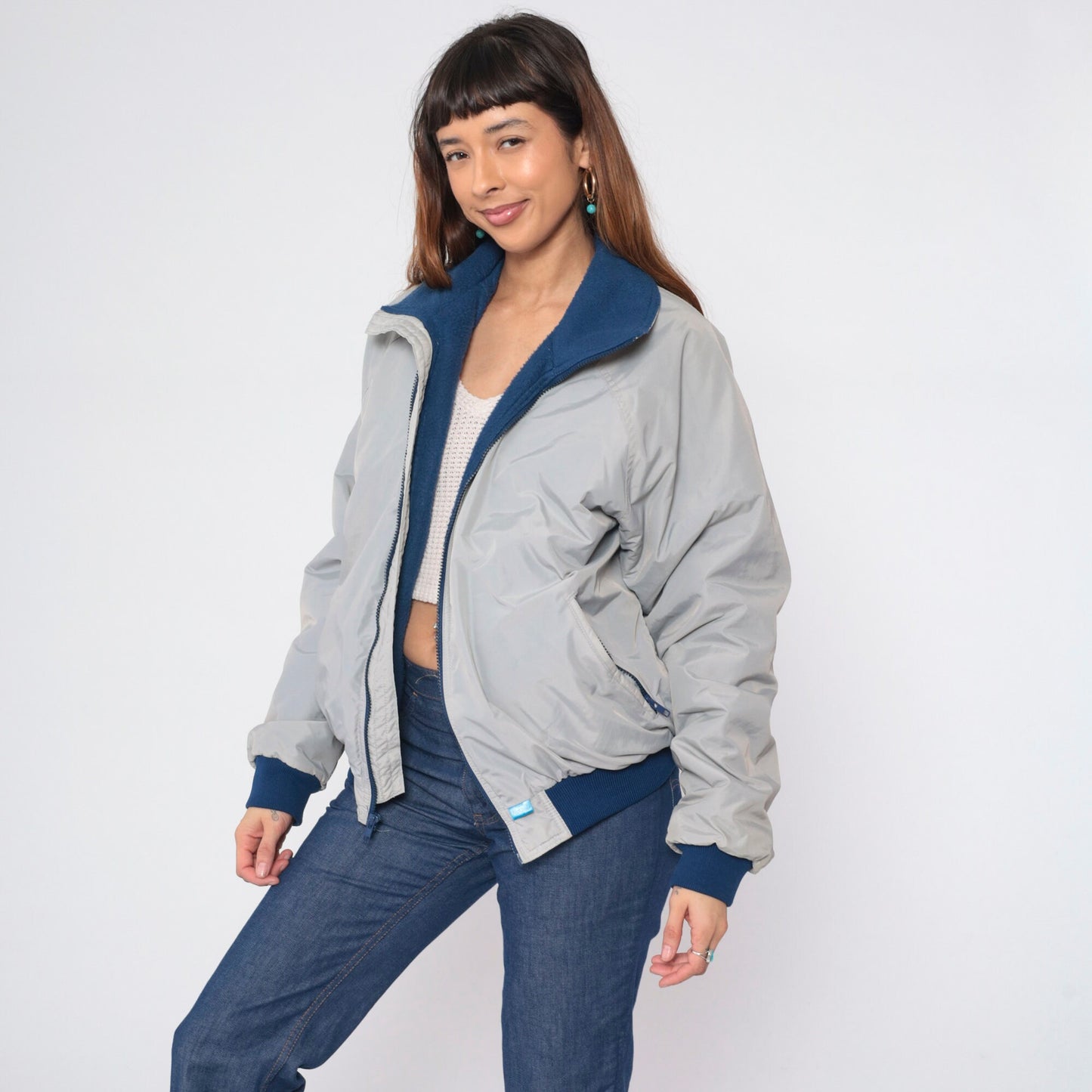90s Grey Windbreaker Jacket Blue Fleece Lined Raglan Sleeve Large L