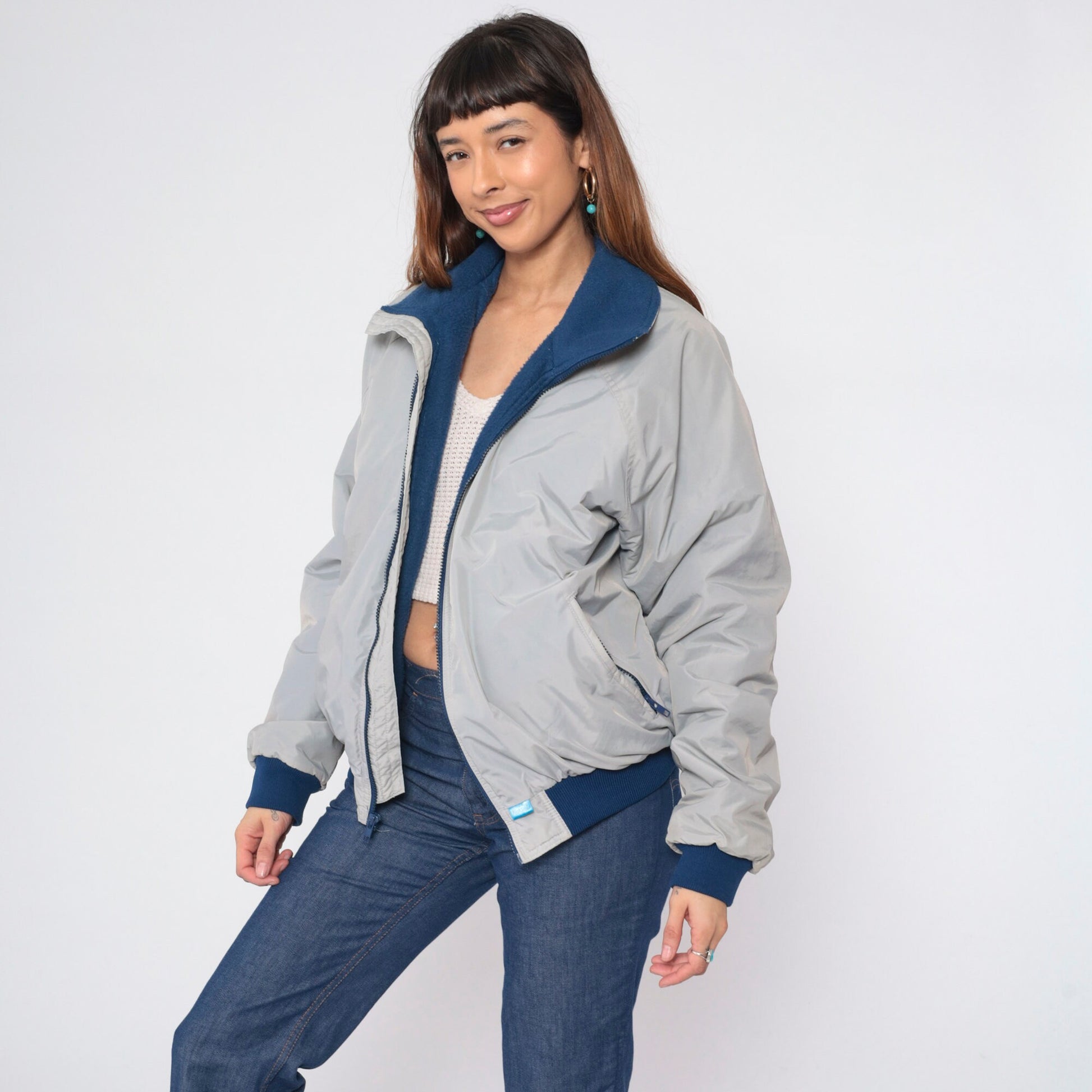90s Grey Windbreaker Jacket Blue Fleece Lined Raglan Sleeve Large L