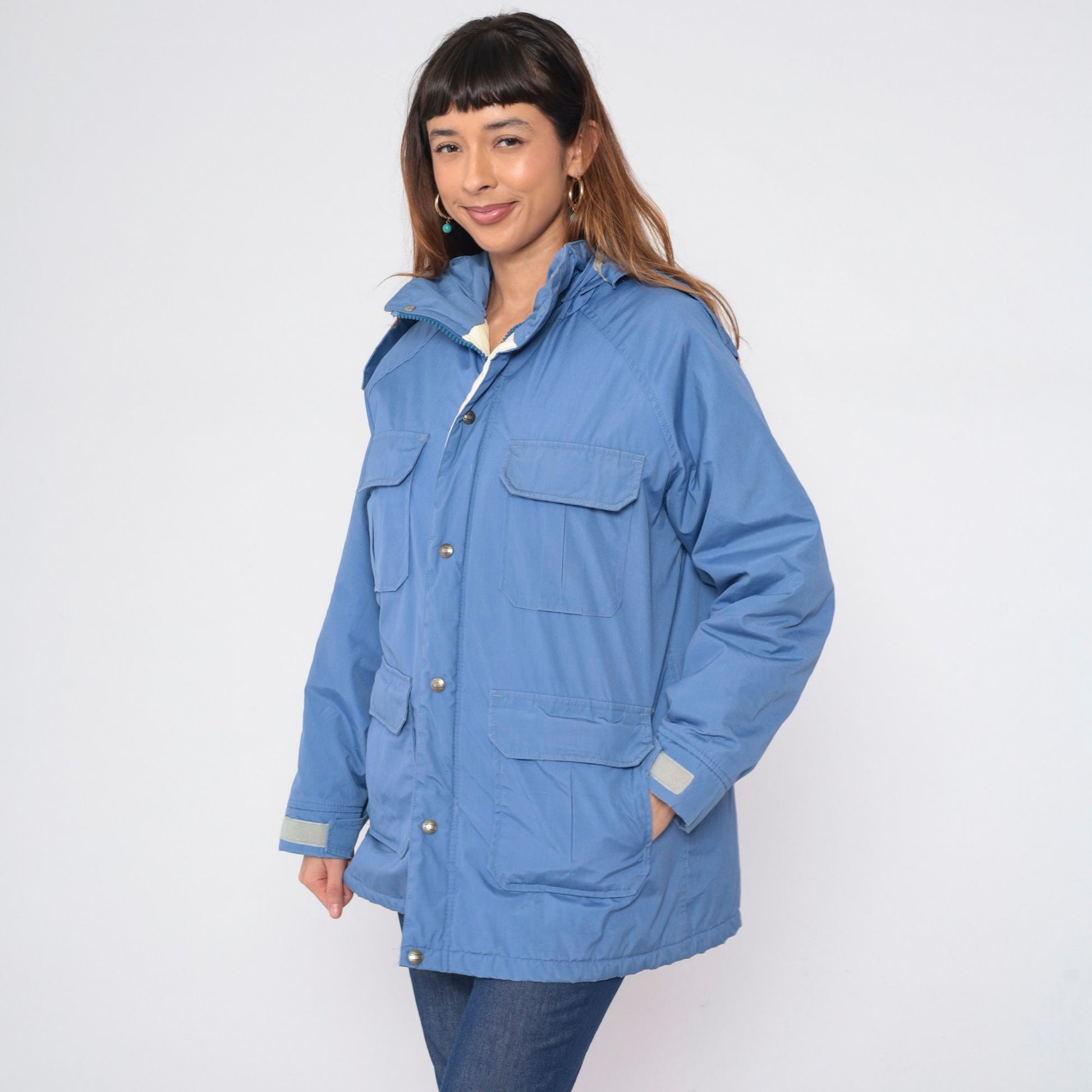 90s Woolrich Blue Hooded Windbreaker Jacket Cargo Pockets Large L