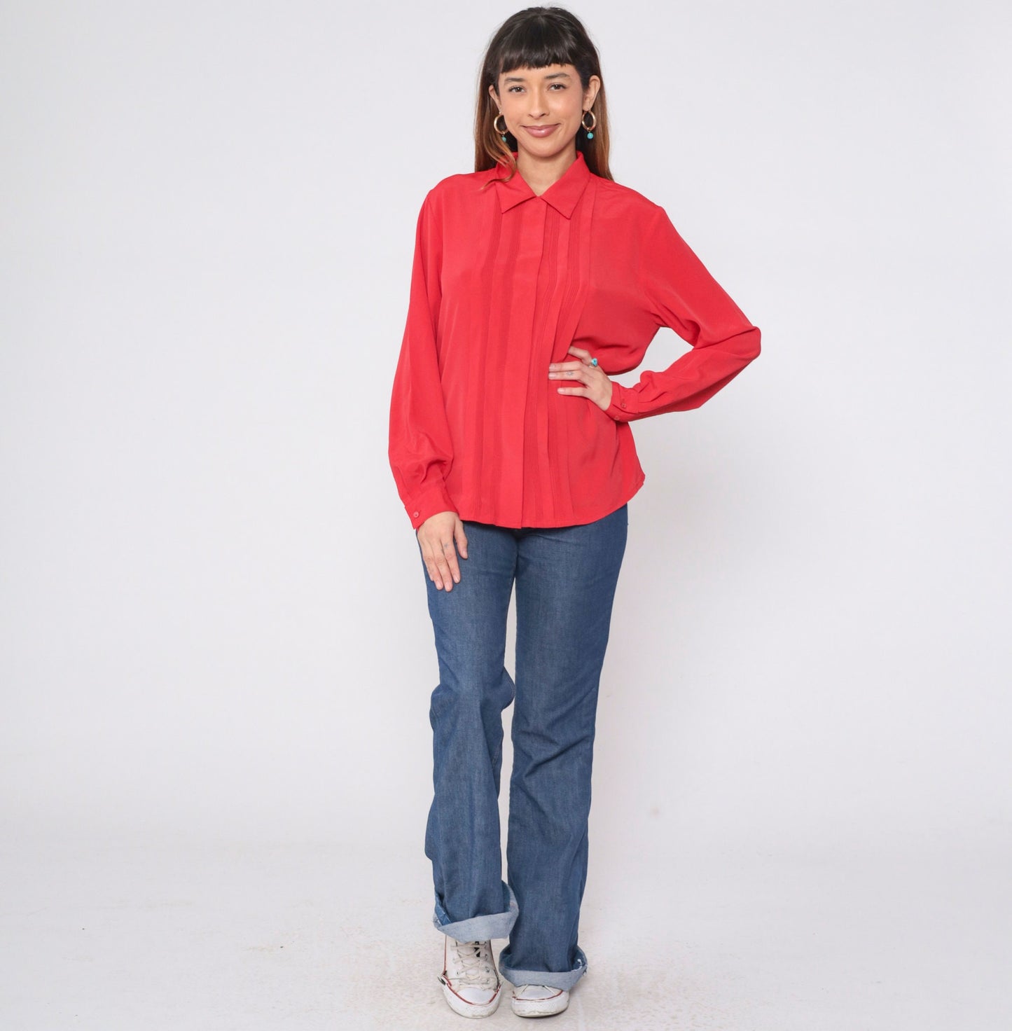 90s Red Pleated Button-Up Blouse Collared Long Sleeve Preppy Large