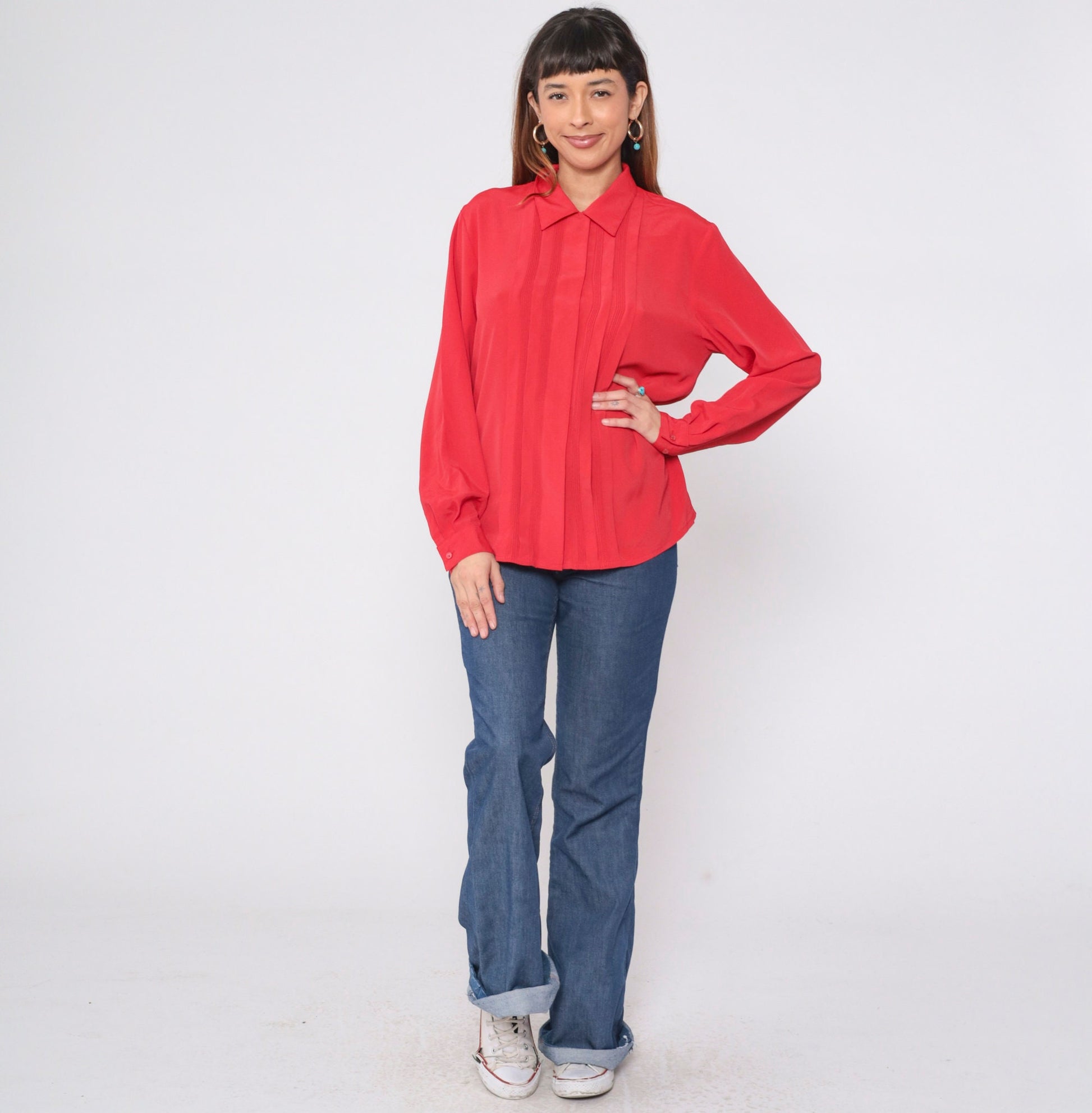 90s Red Pleated Button-Up Blouse Collared Long Sleeve Preppy Large
