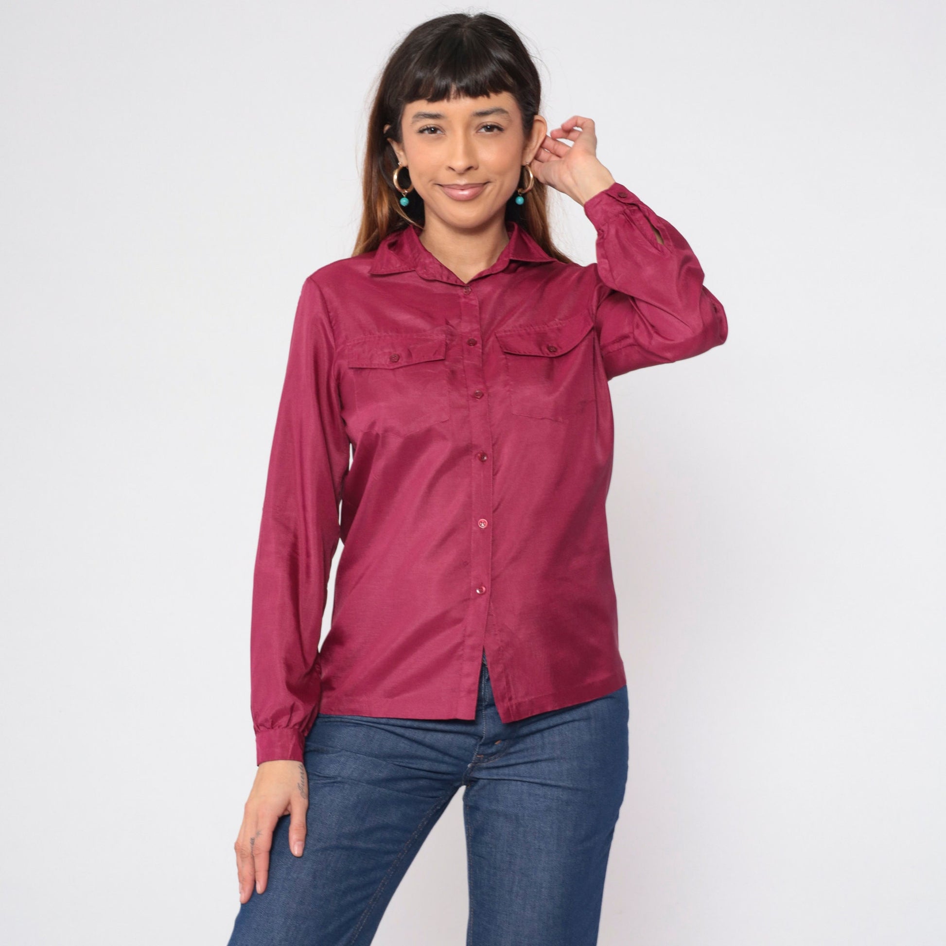 70s Berry Red Button-Up Blouse Long Sleeve Collared Shirt Chest Pockets Small S