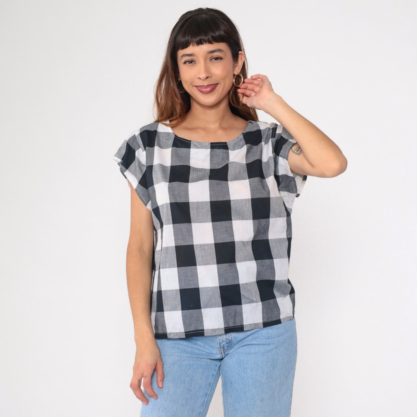 80s Buffalo Plaid Blouse Black White Checkered Cap Sleeve Scoop Neck Large