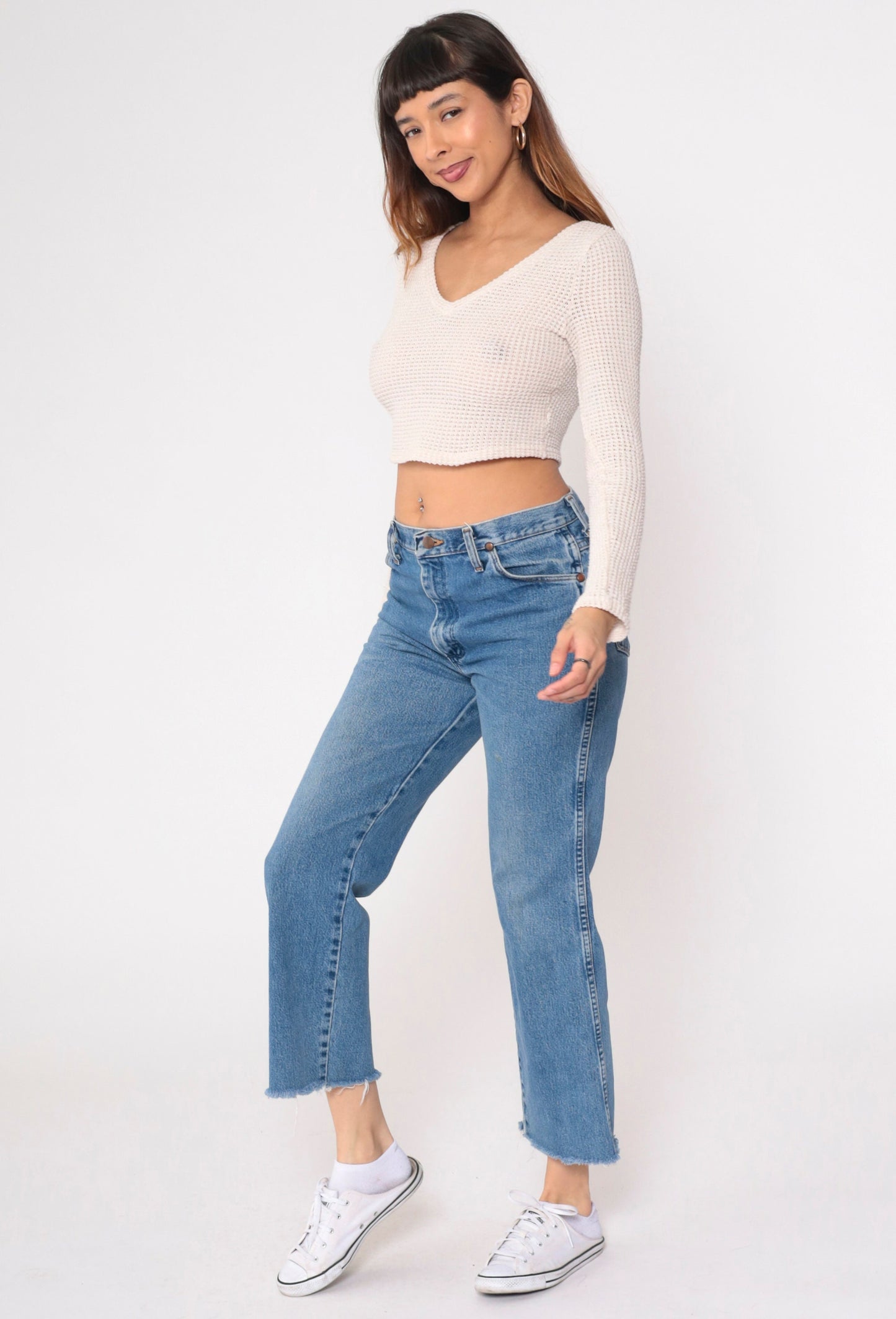 90s Wrangler High Rise Bootcut Jeans Blue Denim Raw Hem Men's 32
