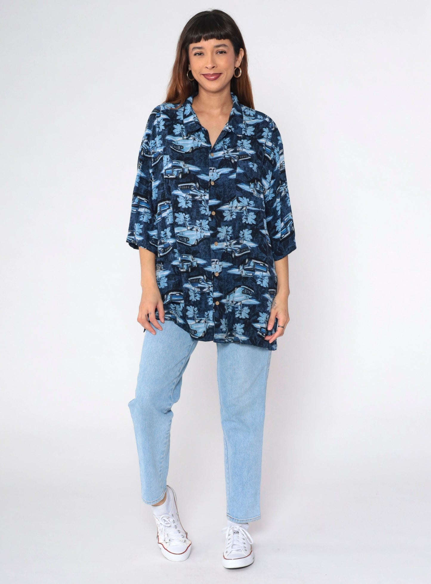 90s Puritan Truck Print Button-Up Shirt Blue Rayon XXL