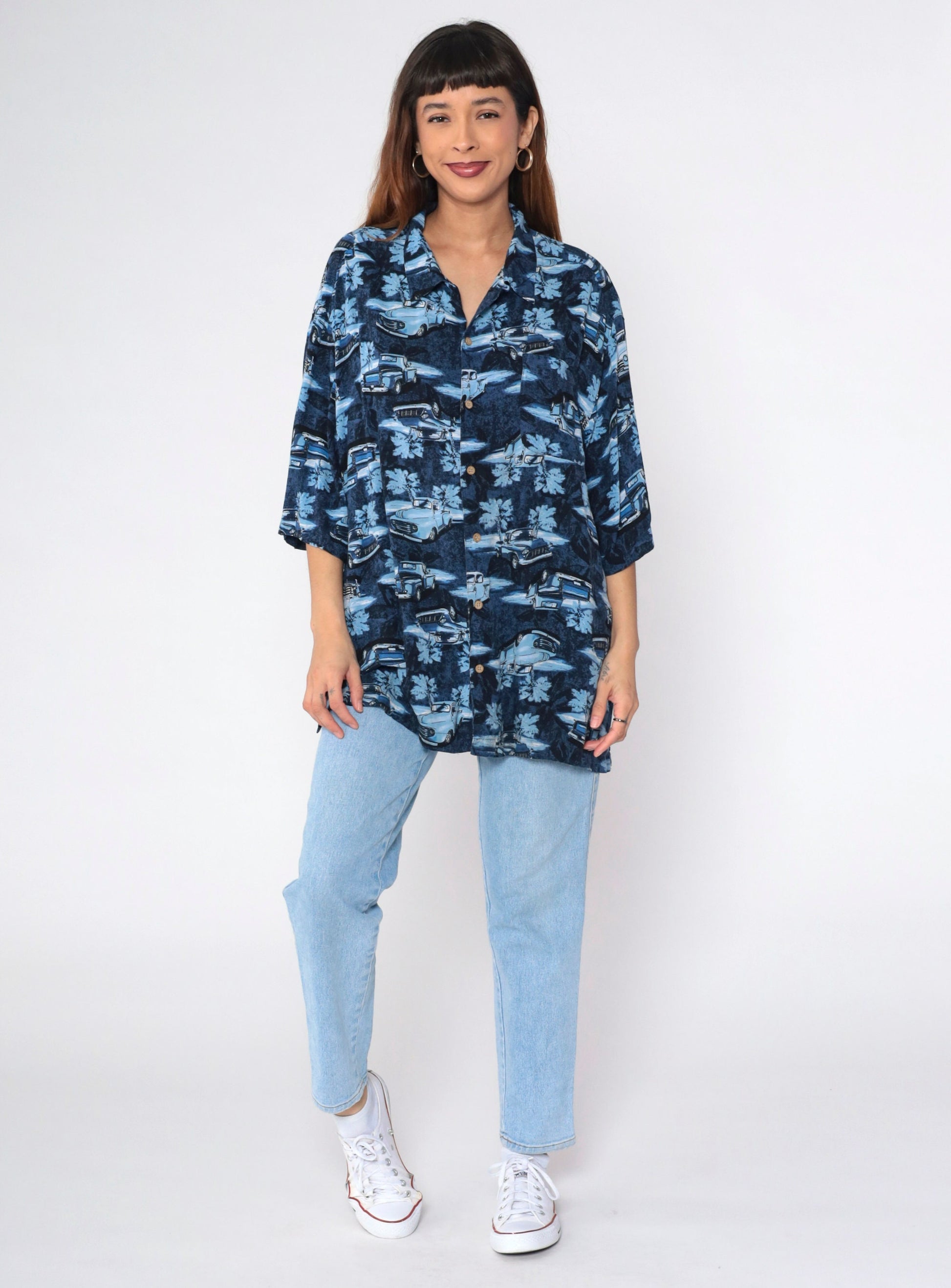 90s Puritan Truck Print Button-Up Shirt Blue Rayon XXL