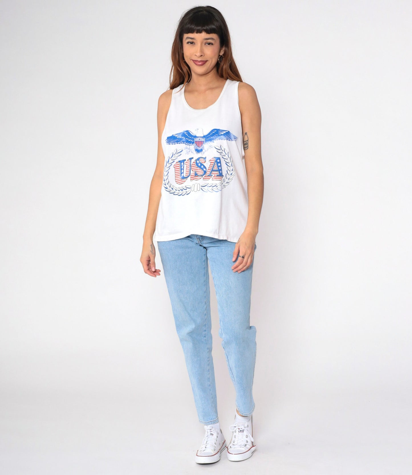 90s USA Eagle Patriotic Tank Top White Graphic Cotton Medium