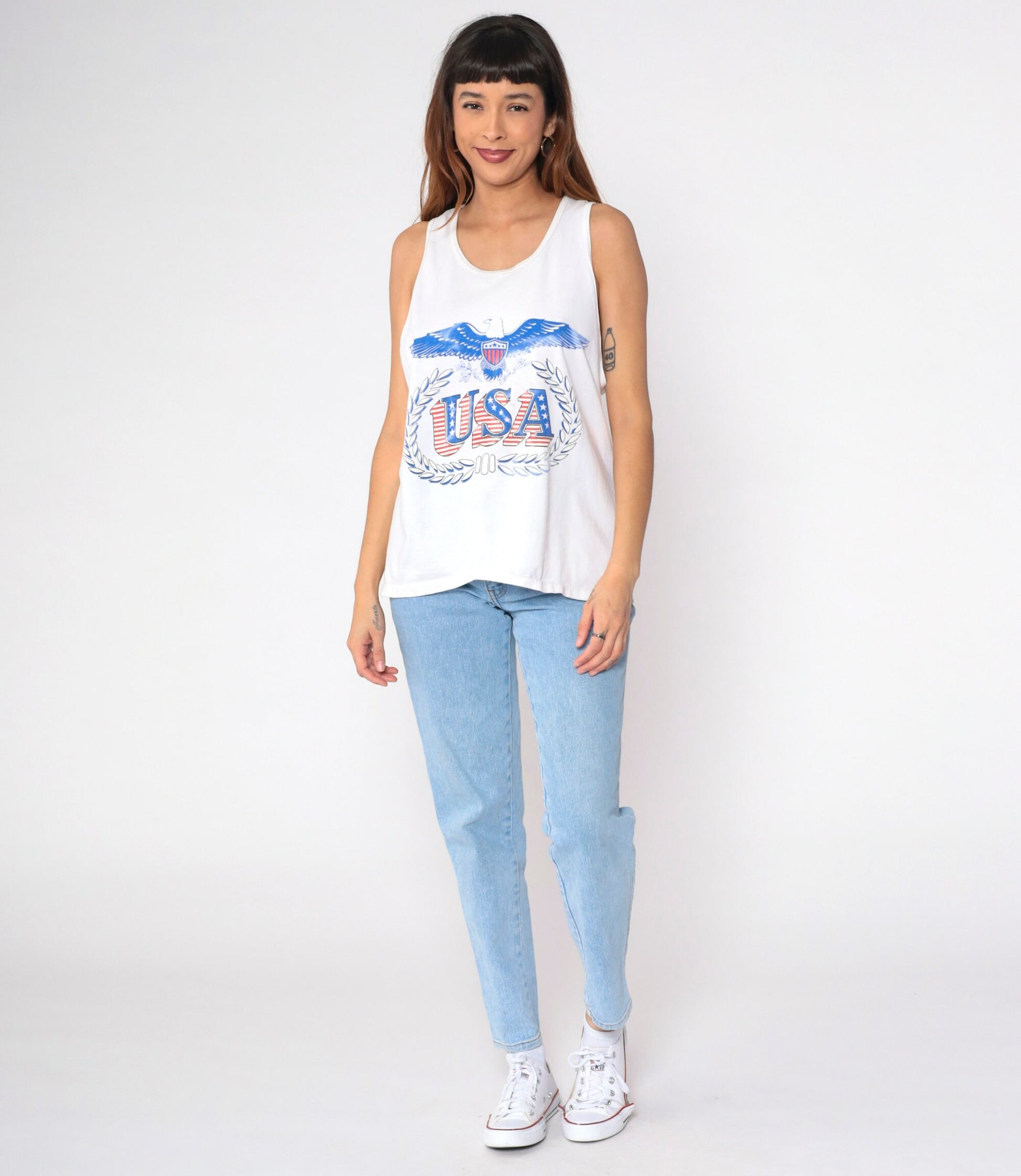 90s USA Eagle Patriotic Tank Top White Graphic Cotton Medium
