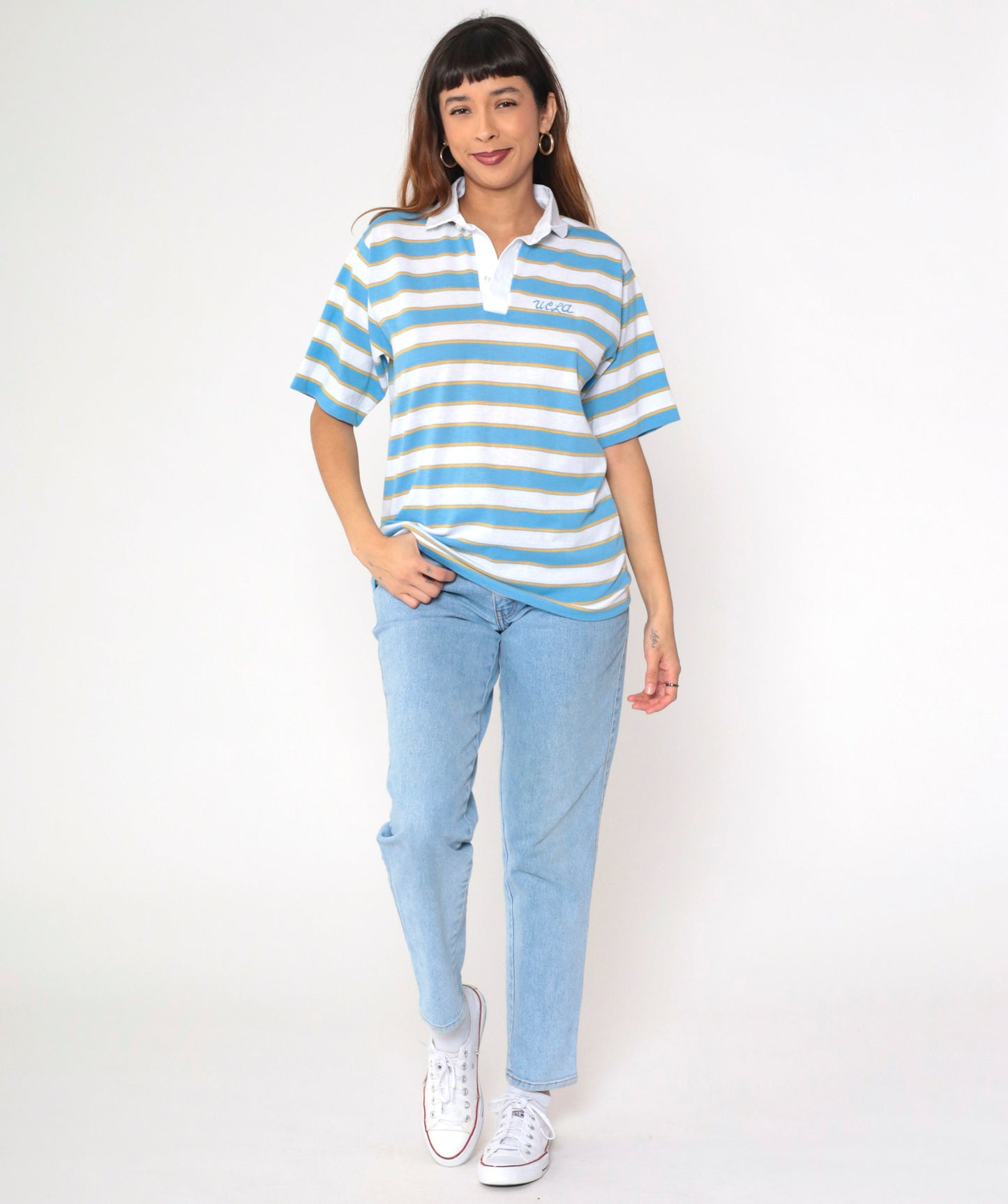 80s UCLA Bruins Striped Polo Shirt White Blue Gold Embroidered Medium