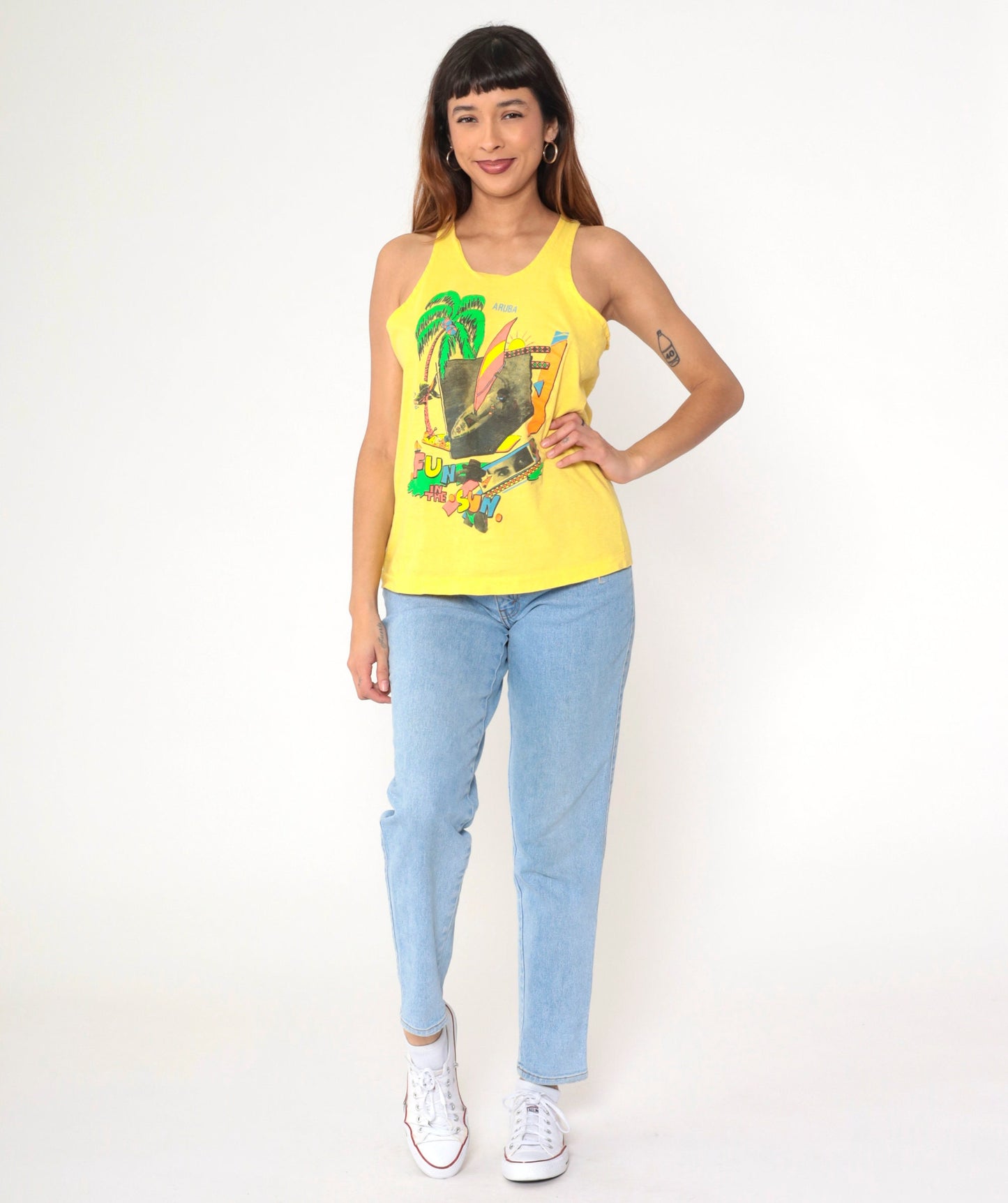 90s Aruba Windsurfing Tank Top Yellow Graphic Caribbean Small