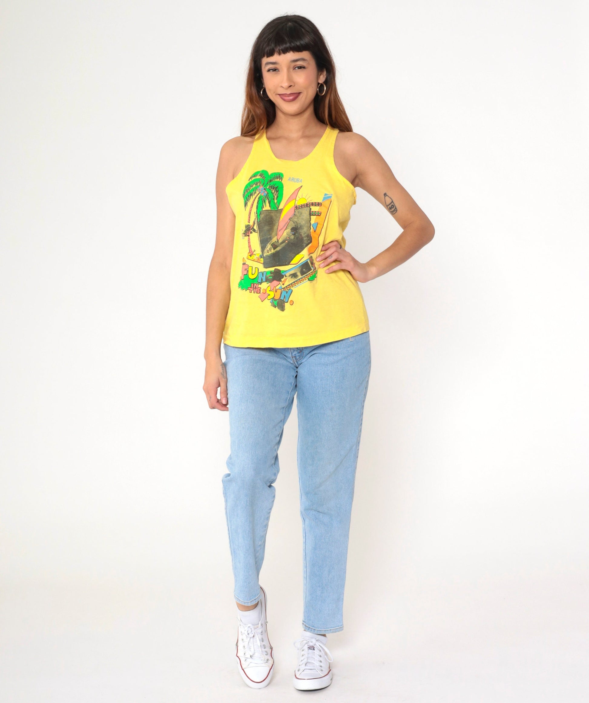 90s Aruba Windsurfing Tank Top Yellow Graphic Caribbean Small