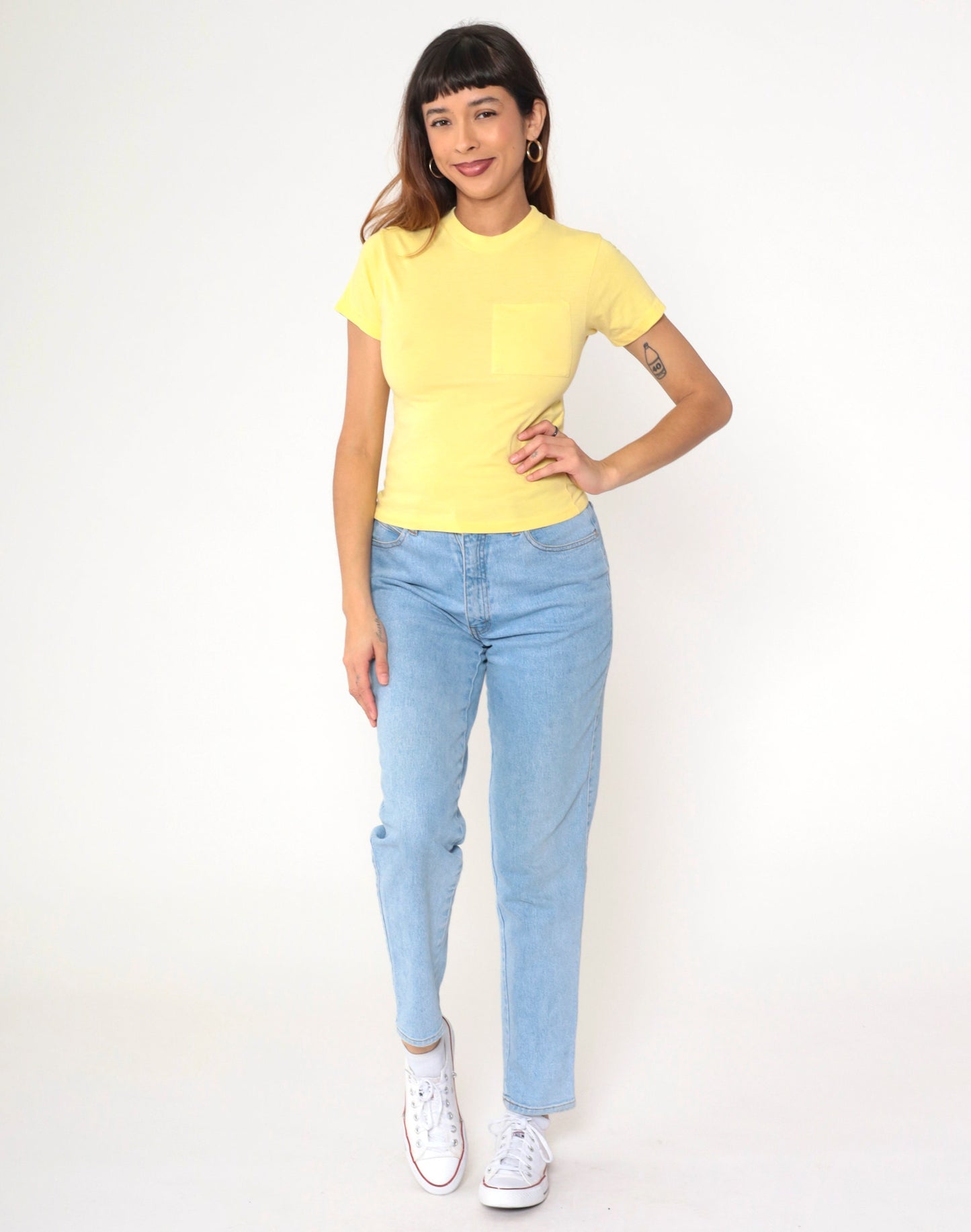 90s Yellow Pocket T-Shirt Cotton Blend Crewneck Youth Medium