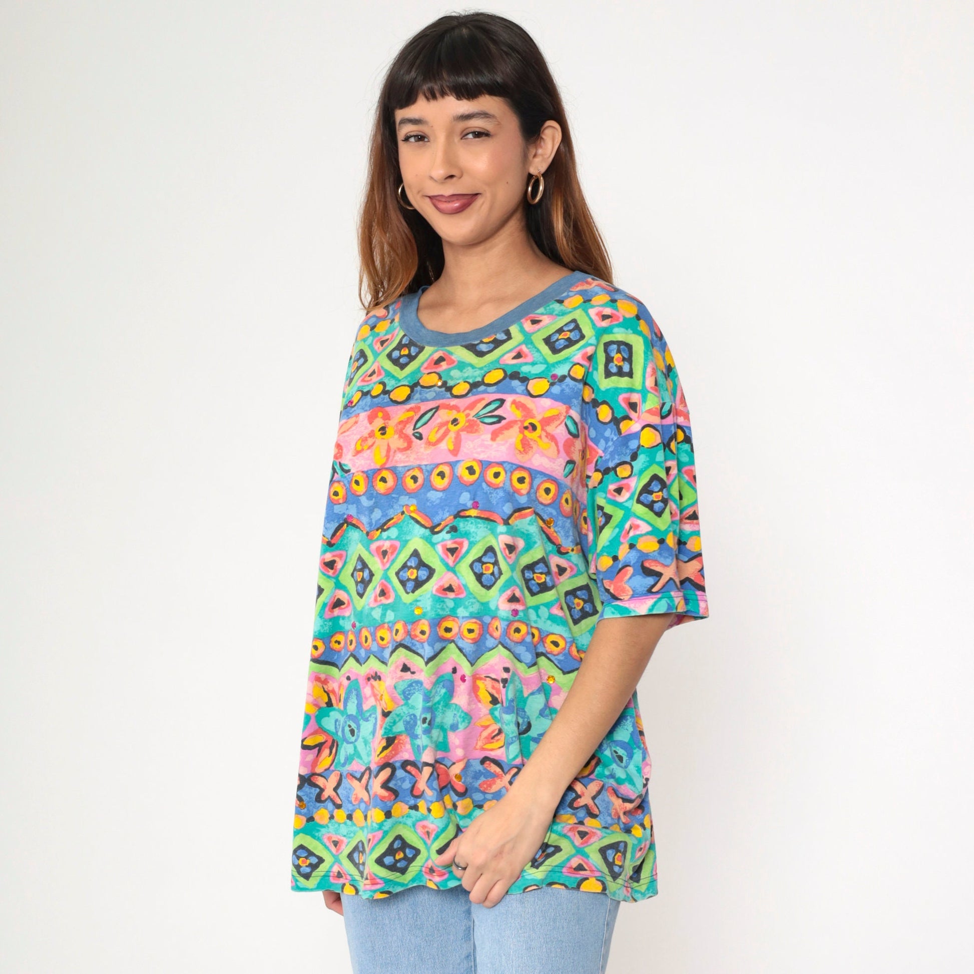 90s Geometric Floral Rhinestone T-Shirt Green Pink Blue Extra Large XL