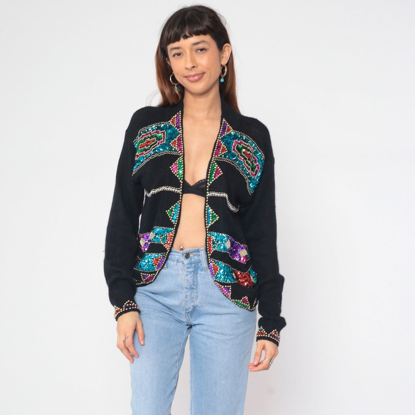 90s Cristina Black Silk Angora Cardigan Sequin Beaded Geometric Small S