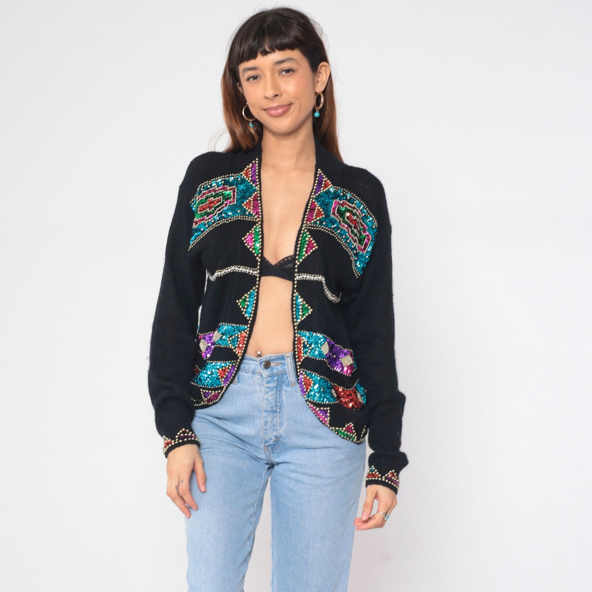 90s Cristina Black Silk Angora Cardigan Sequin Beaded Geometric Small S