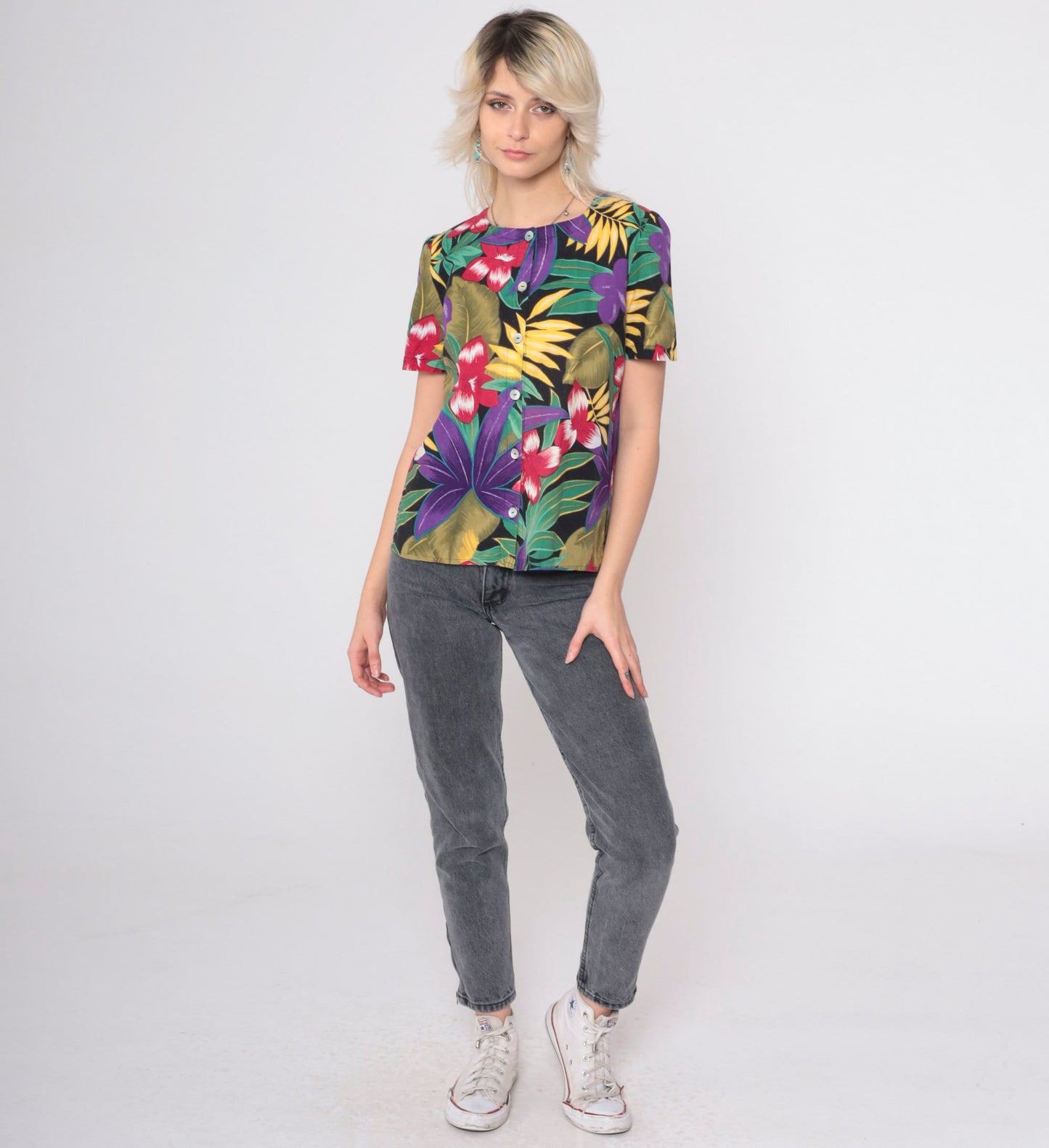 90s Tropical Floral Button-Up Blouse Black Botanical Print Short Sleeve Small