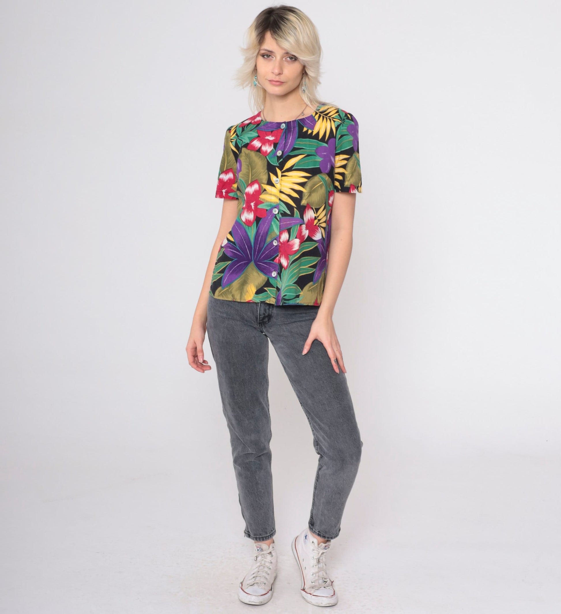 90s Tropical Floral Button-Up Blouse Black Botanical Print Short Sleeve Small