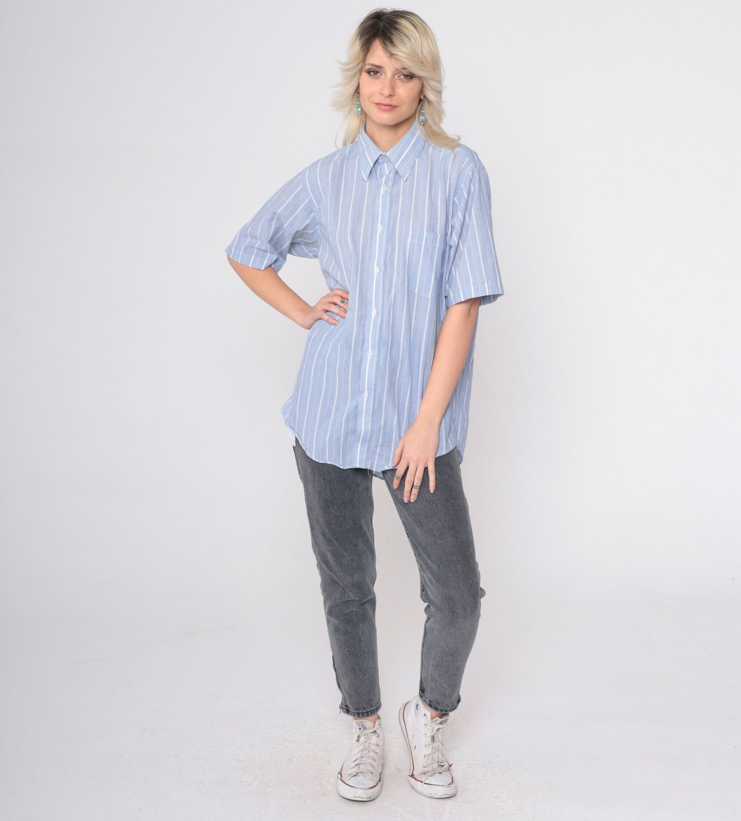 80s Golden Needle Blue Striped Button-Up Shirt Cotton Blend Short Sleeve Medium