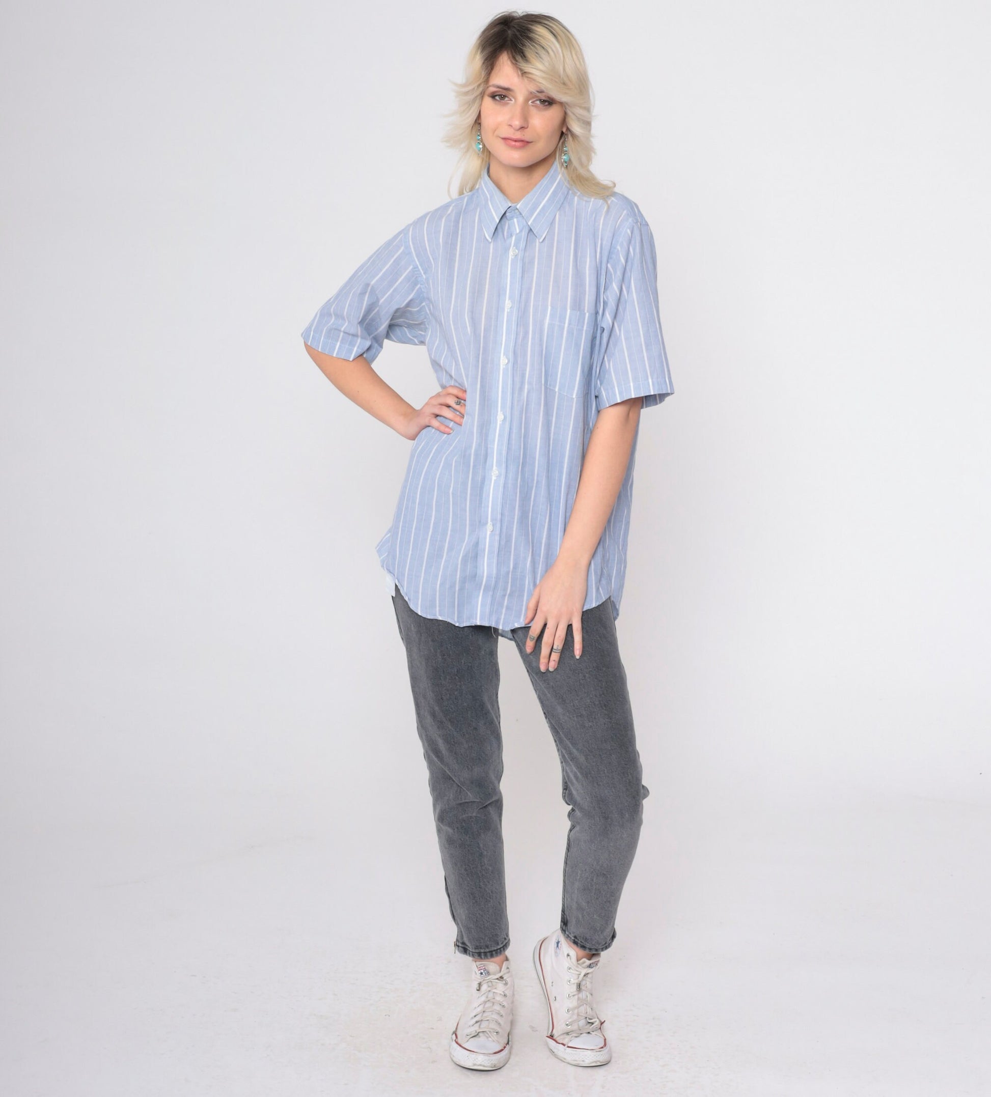 80s Golden Needle Blue Striped Button-Up Shirt Cotton Blend Short Sleeve Medium