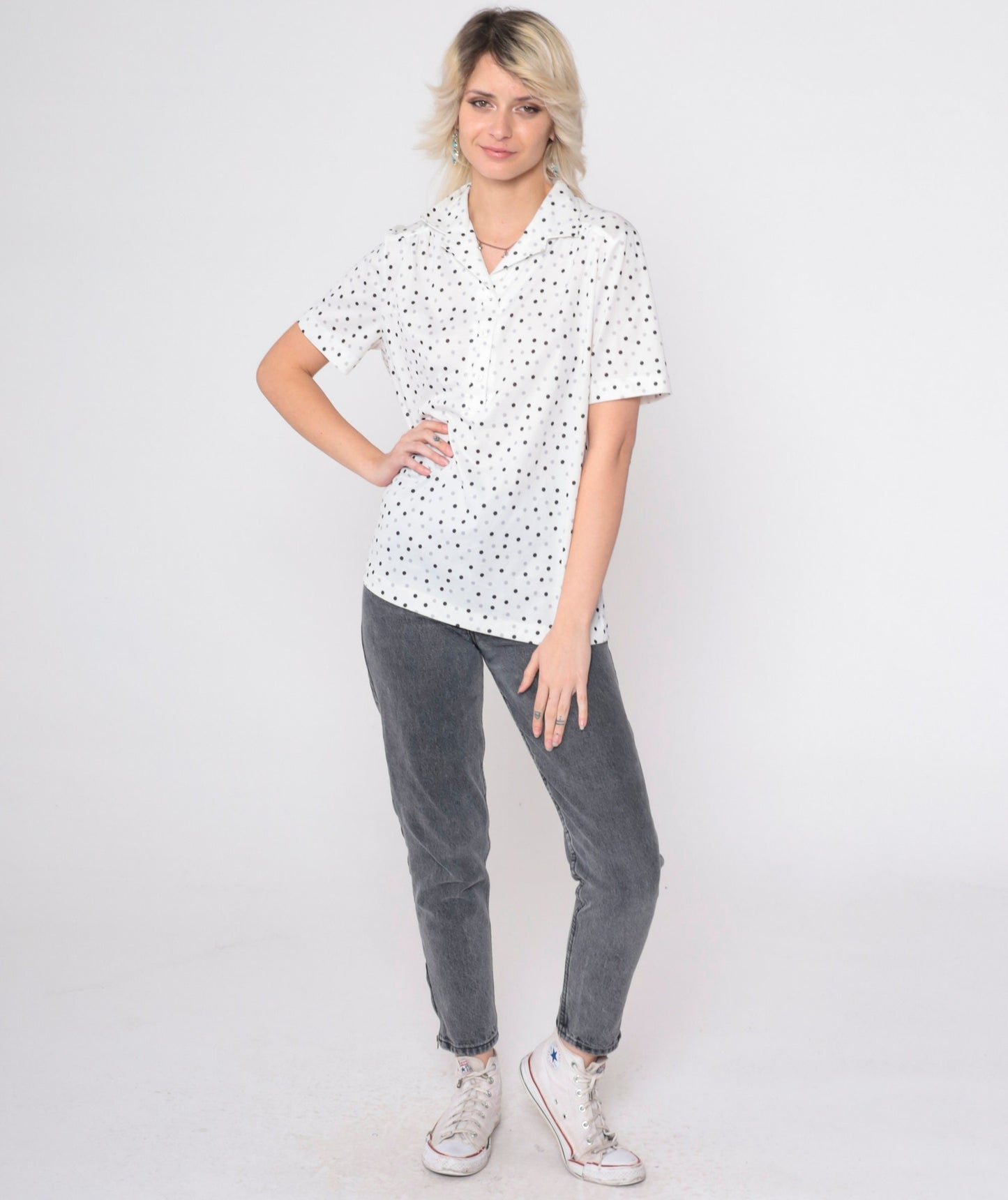 70s Polka Dot Button-Up Blouse White Black Grey Short Sleeve Medium