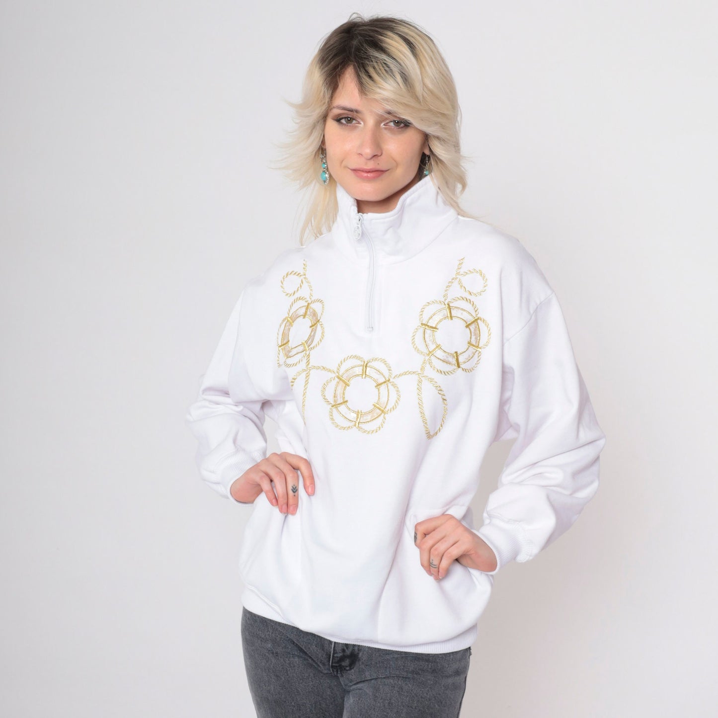 90s Sailor Sweatshirt White Gold Embroidered Lifebuoy Quarter Zip Medium