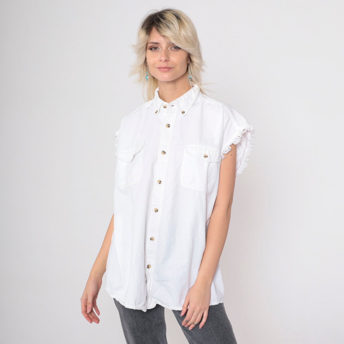 90s Ride Free Motorcycle Cutoff Tank Top White Cotton Button Up Extra Large