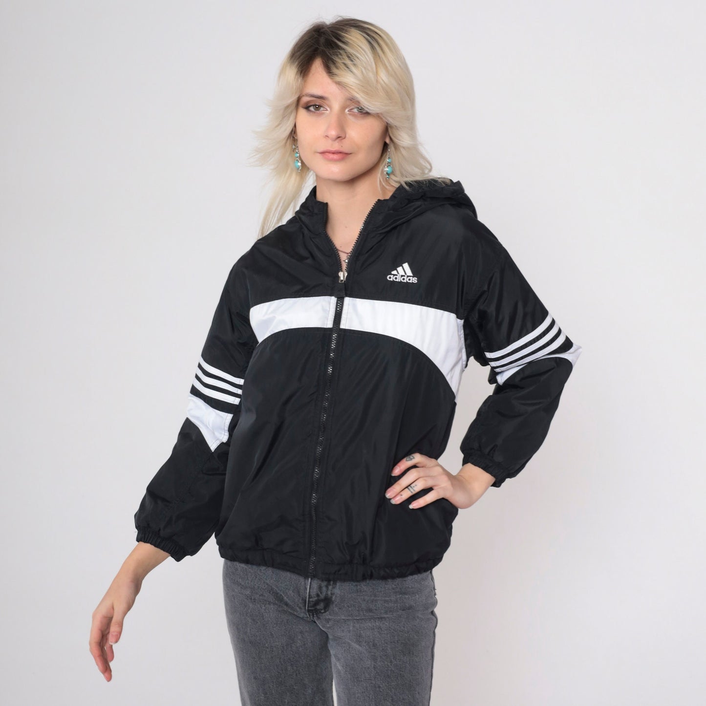 90s Adidas Hooded Windbreaker Black White Striped Nylon Jacket Medium