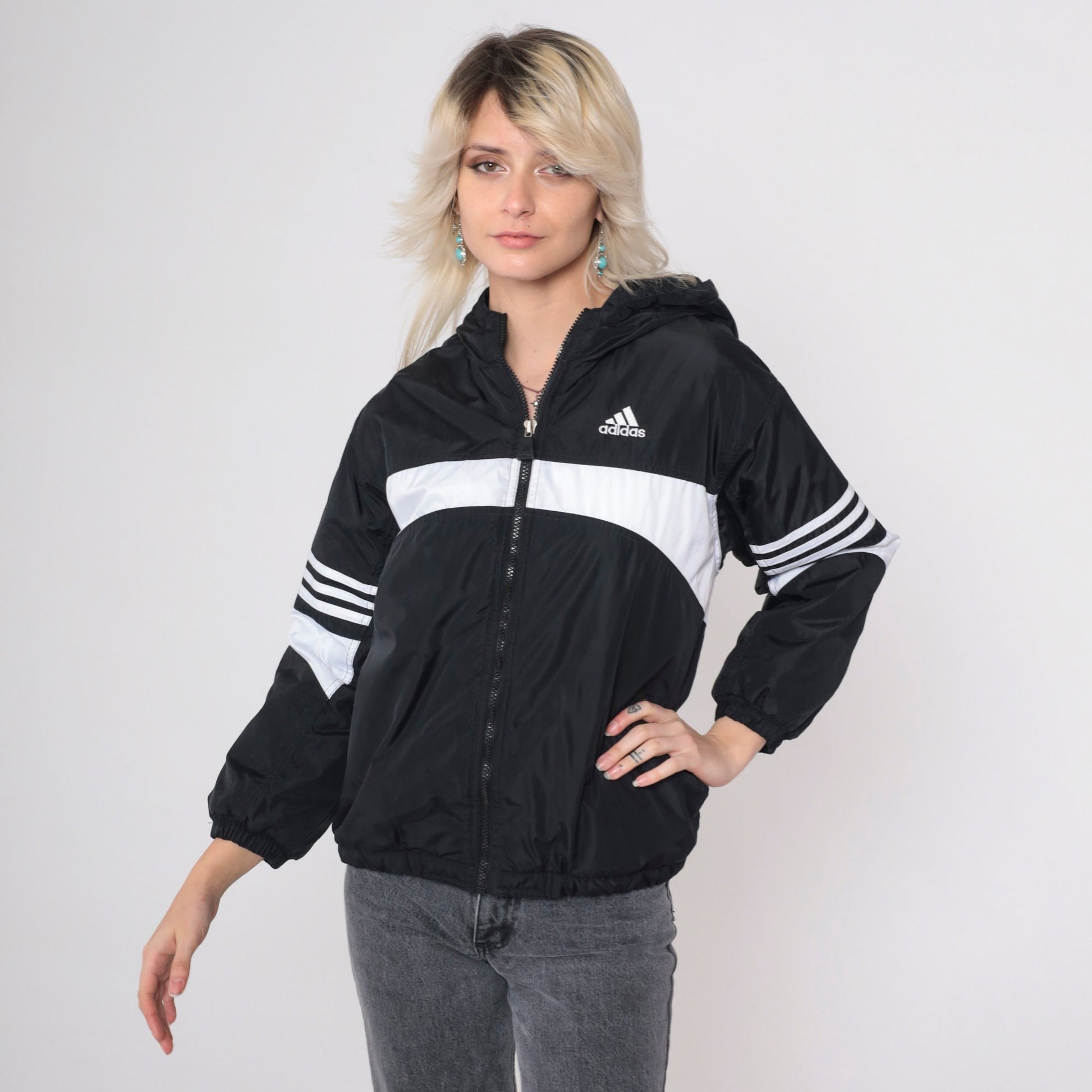 90s Adidas Hooded Windbreaker Black White Striped Nylon Jacket Medium