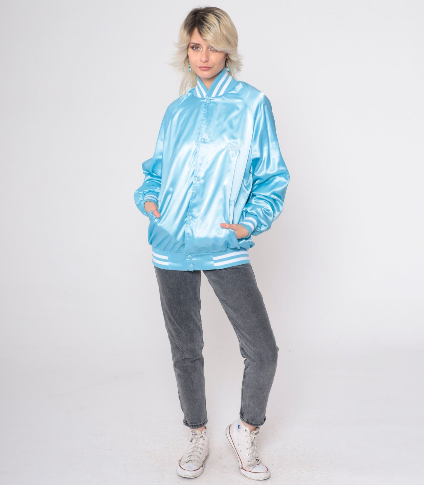 80s Winterhaven RV Resort Satin Bomber Jacket Baby Blue Roadrunner Extra Large