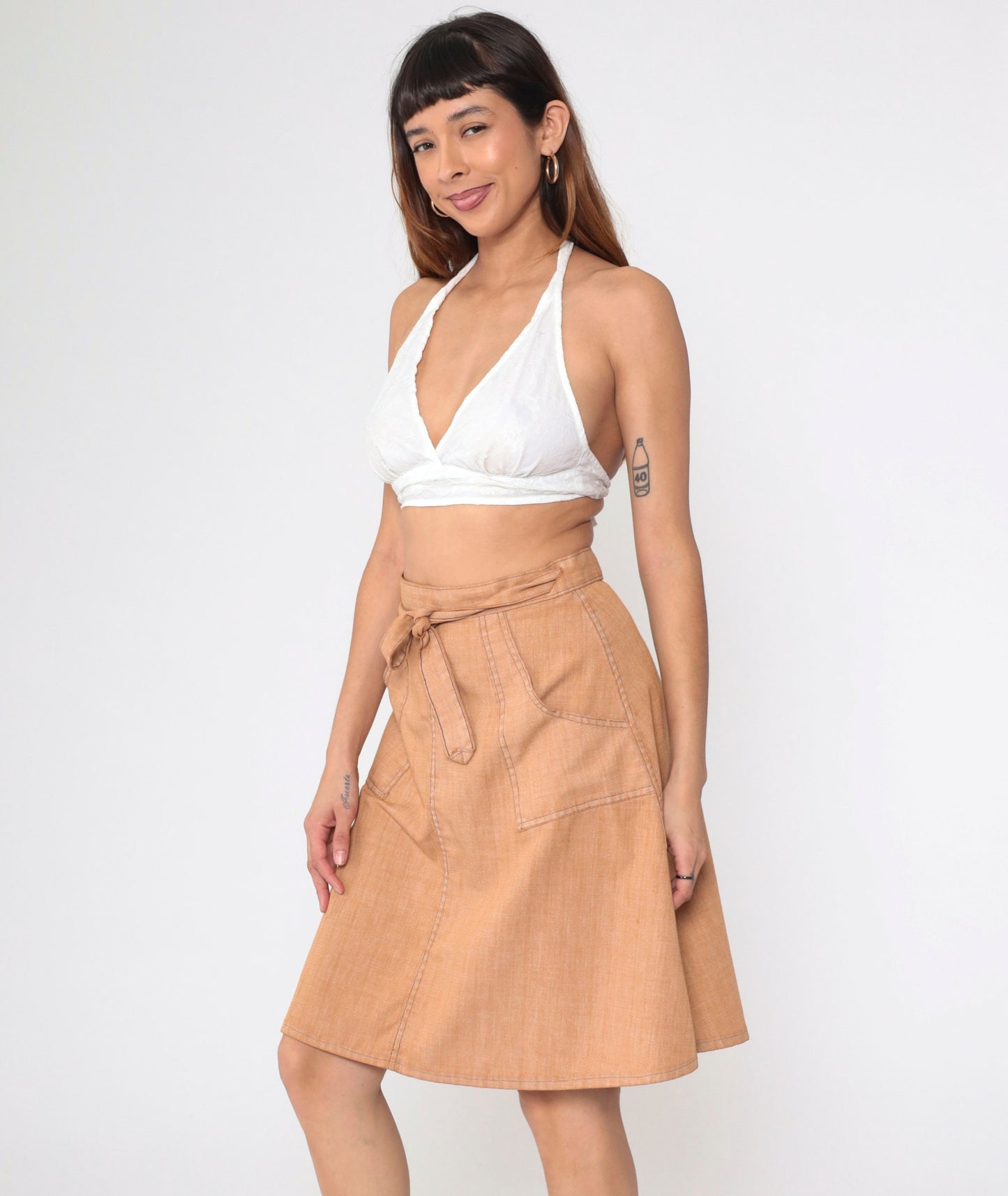 70s Madewell Wrap Skirt Tan Patch Pocket High Waist Knee Length Small