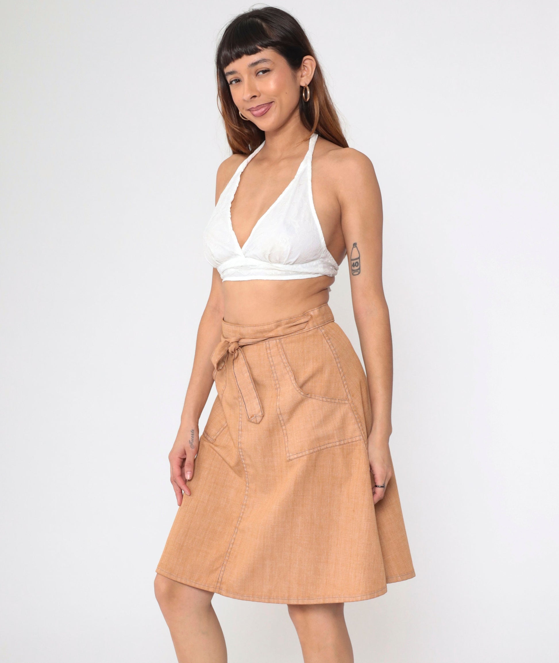 70s Madewell Wrap Skirt Tan Patch Pocket High Waist Knee Length Small